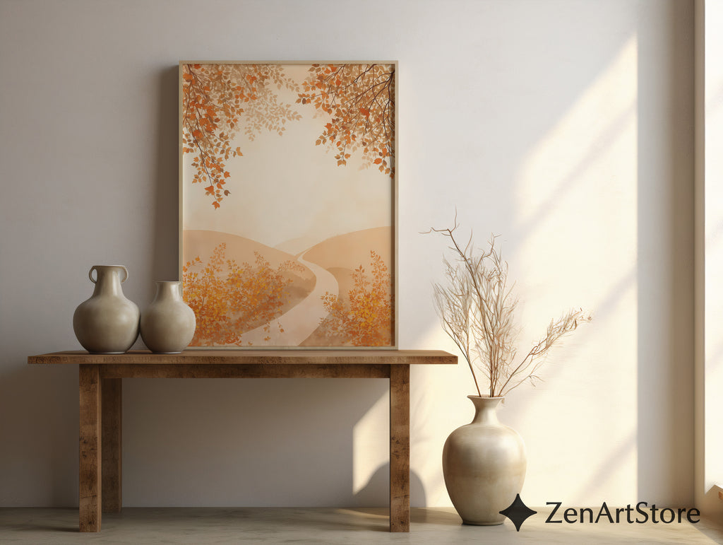 Autumn Pathway Neutral Wall Art - Minimal Beige Landscape Print for Japandi & Scandinavian Home Decor