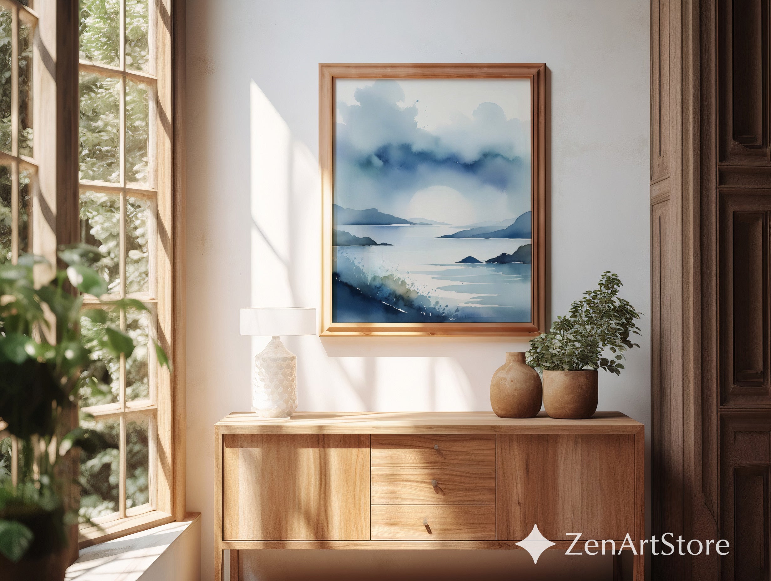 Serene Blue Coastal Watercolor Print – Minimal Seascape Wall Art for Bedroom, Living Room, Zen Japandi Home Decor