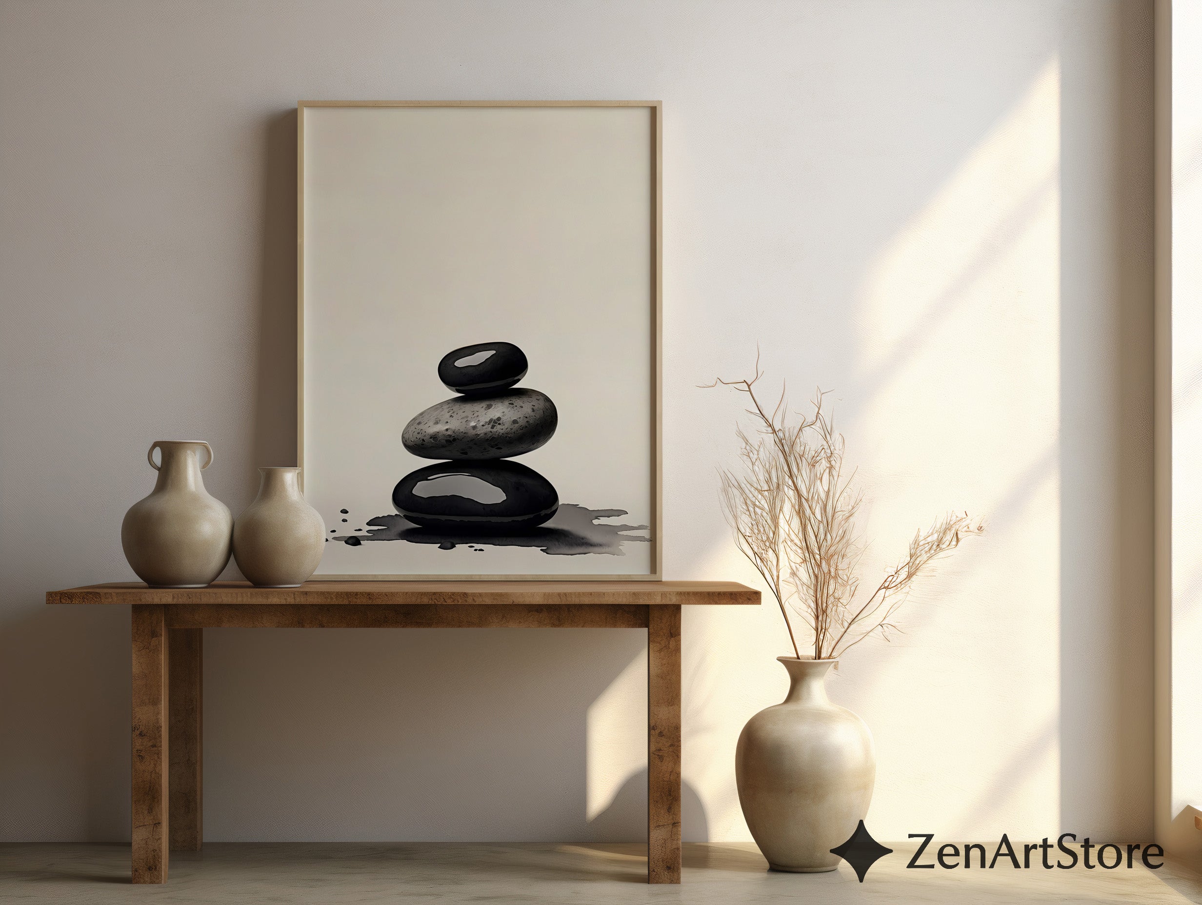 Zen Stone Stack Print - Minimal Black & Beige Spa Wall Art, Wabi Sabi Japandi Neutral Home Decor