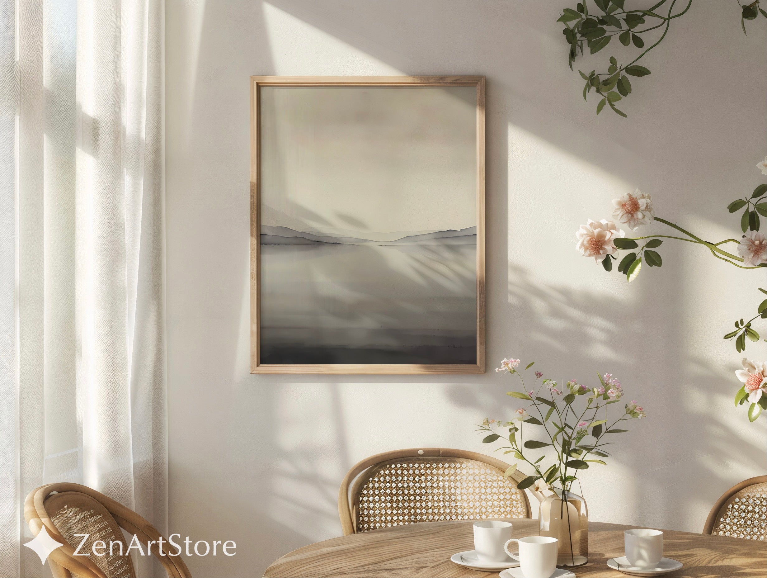 Minimal Neutral Landscape Wall Art - Misty Lake with Layered Hills - Japandi Scandinavian Zen Print for Living Room Bedroom