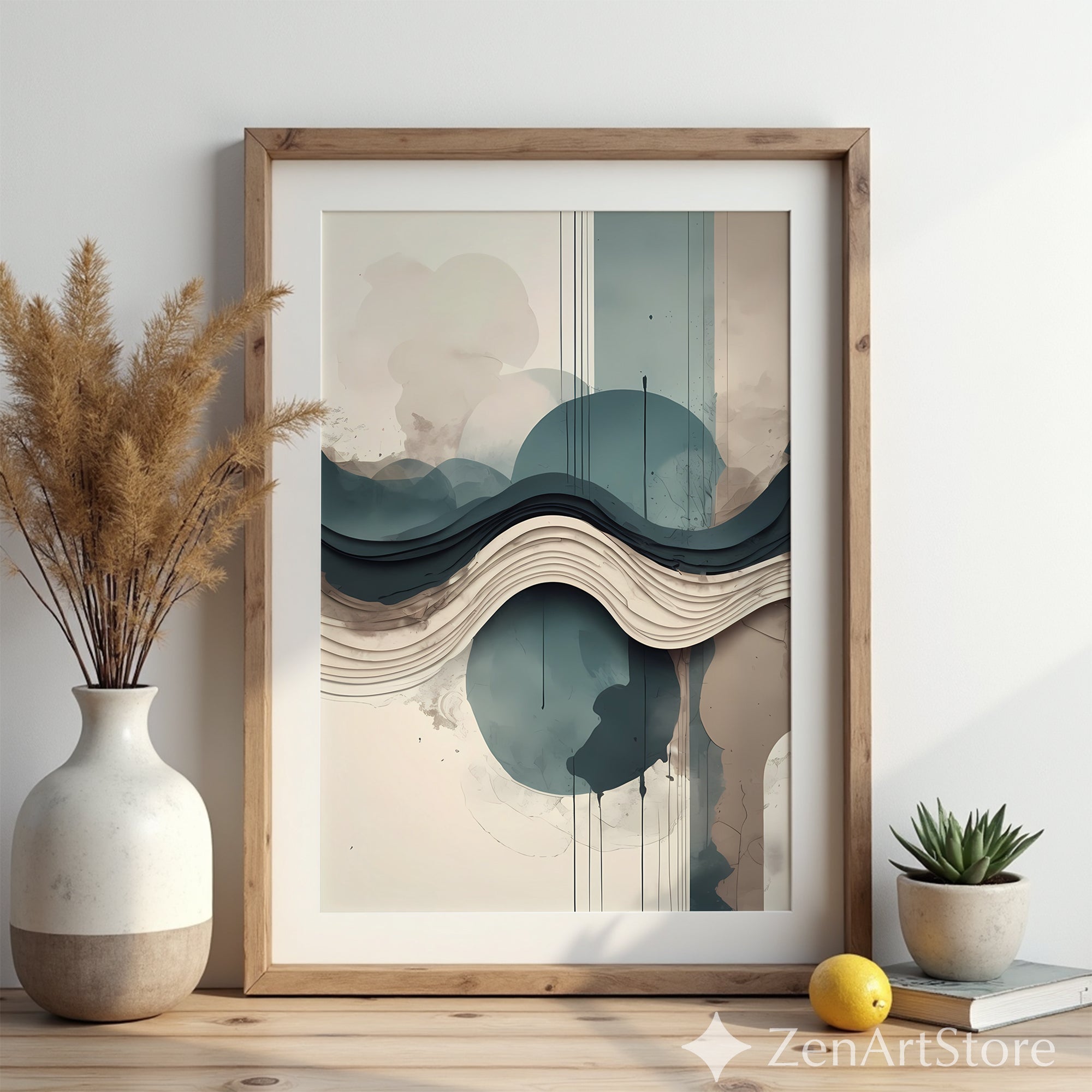 Layered Abstract Landscape Wall Art - Japandi Teal Beige Minimalist Print for Living Room & Bedroom