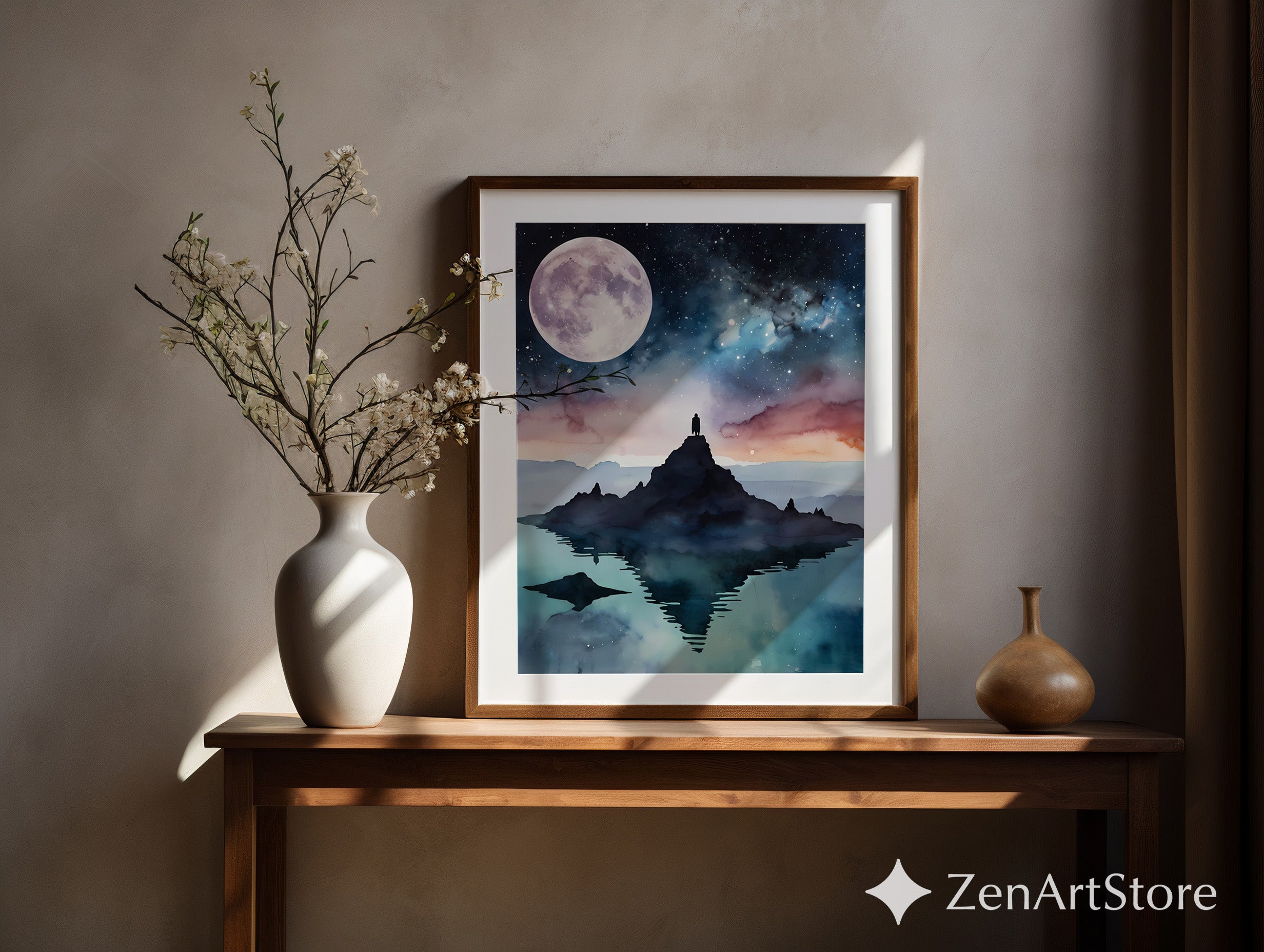 Moonlit Mountain Reflection Art Print - Celestial Watercolor Landscape, Minimal Zen Home Decor, Calm Cosmic Wall Art