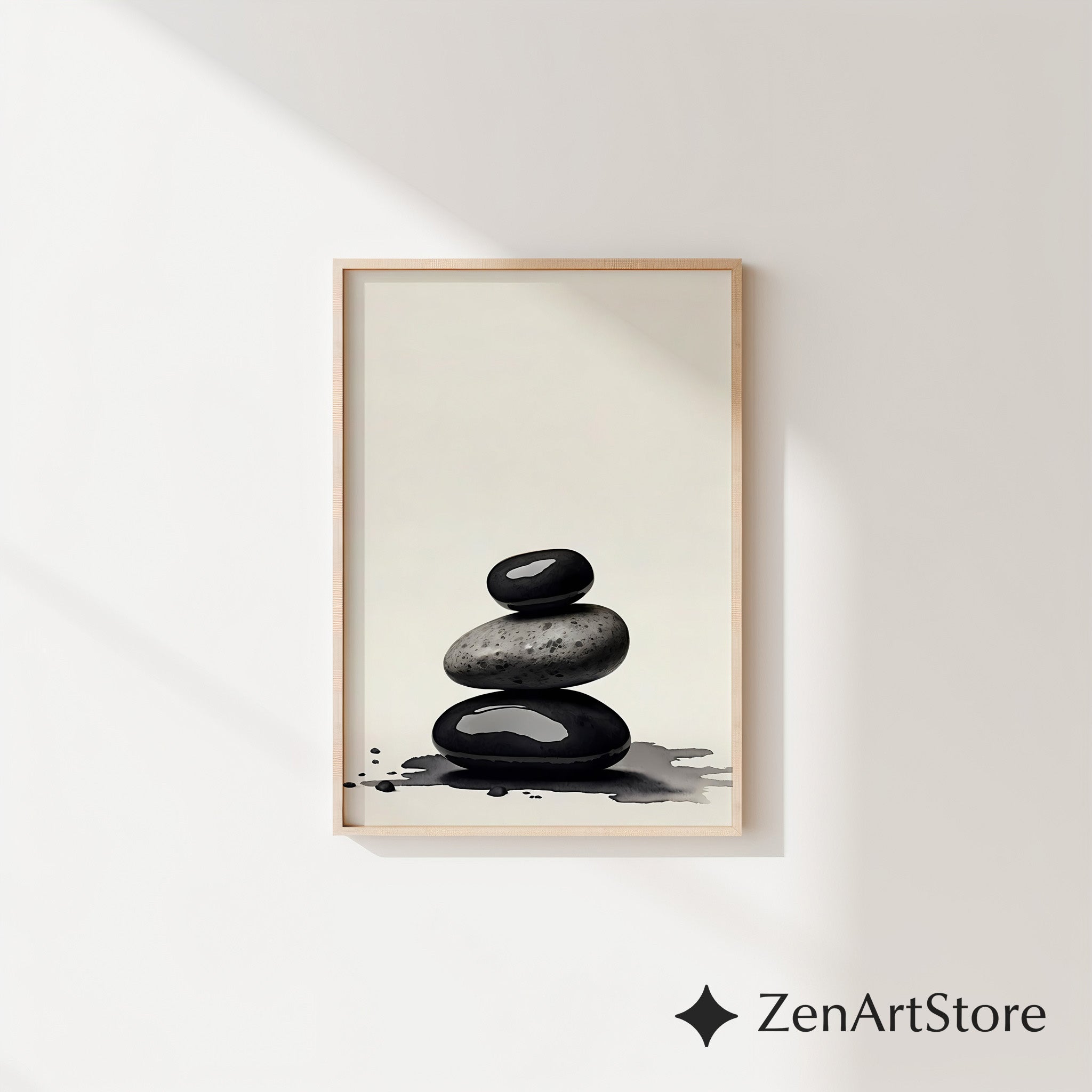 Zen Stone Stack Print - Minimal Black & Beige Spa Wall Art, Wabi Sabi Japandi Neutral Home Decor