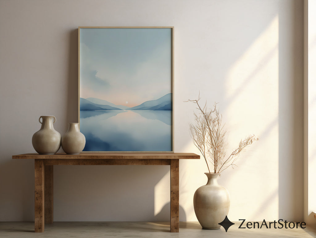 Minimal Blue Landscape Wall Art Calm Sunrise Lake Print - Japandi Scandinavian Abstract Printable & Framed Home Decor