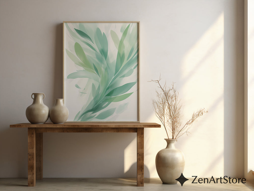 Serene Mint Botanical Art Print - Abstract Green Leaf Wall Art, Minimal Modern Home Decor, Zen Japandi Scandinavian Printable