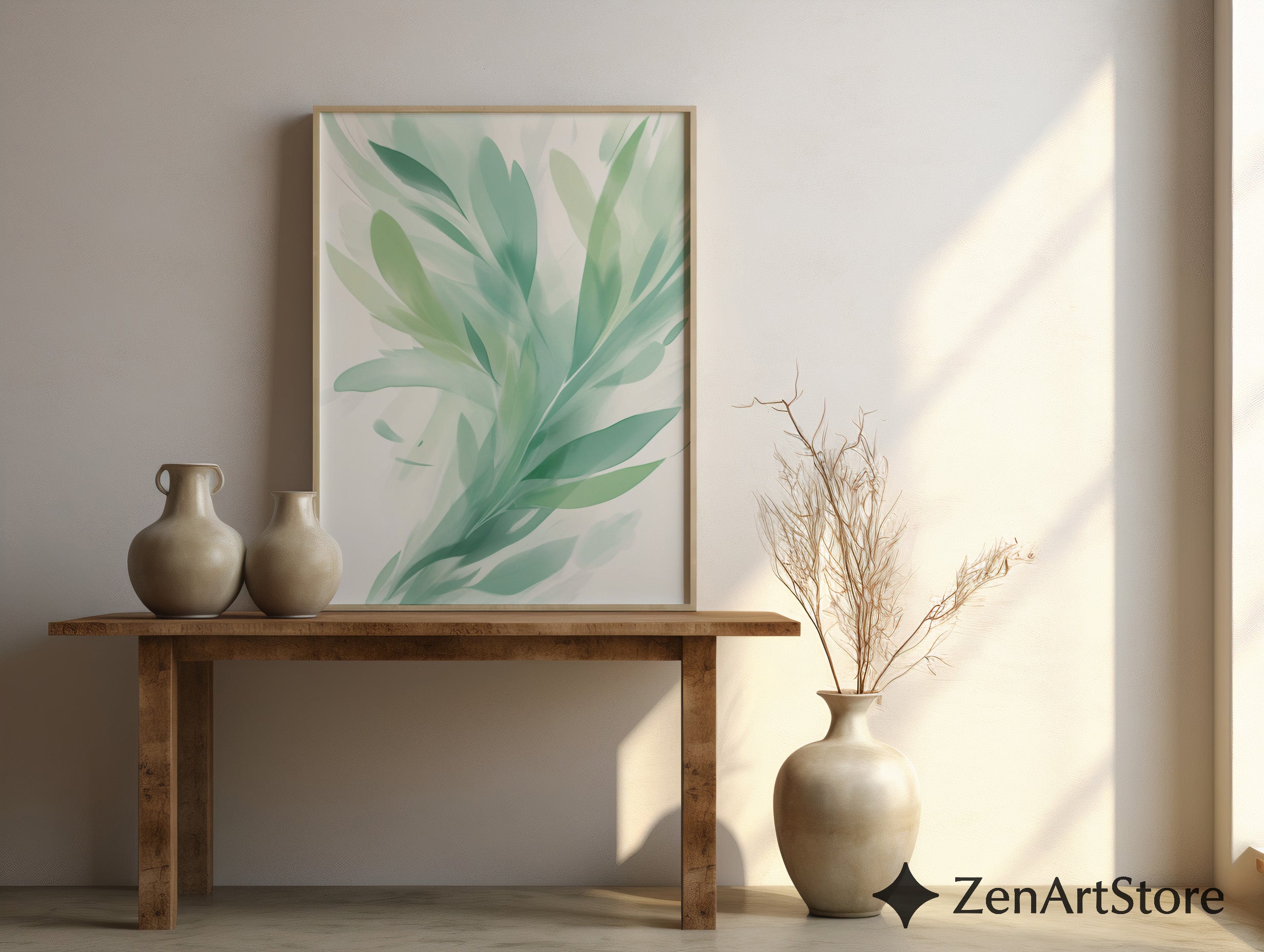 Serene Mint Botanical Art Print - Abstract Green Leaf Wall Art, Minimal Modern Home Decor, Zen Japandi Scandinavian Printable