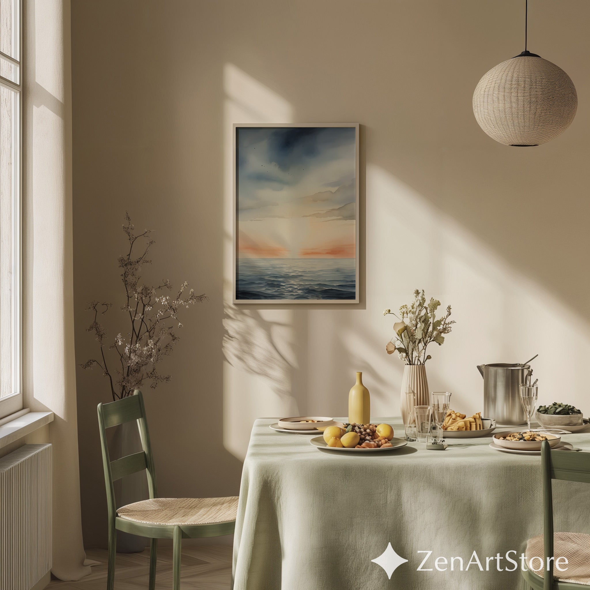 Minimal Seascape Wall Art Calm Ocean Sunset Watercolor Print Neutral Coastal Japandi Decor