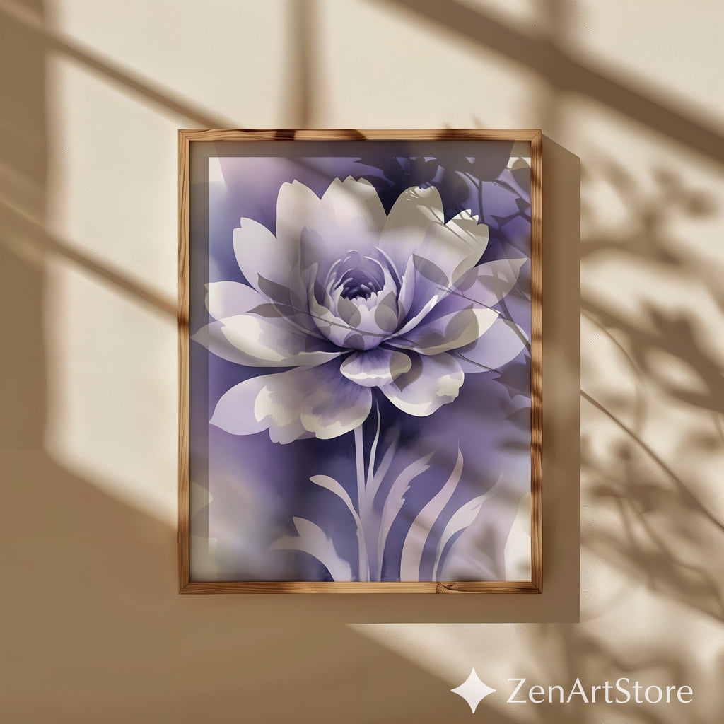 Lavender Floral Wall Art - Calming Purple Peony Print for Bedroom & Living Room - Minimal Zen Botanical Canvas, Japandi Decor