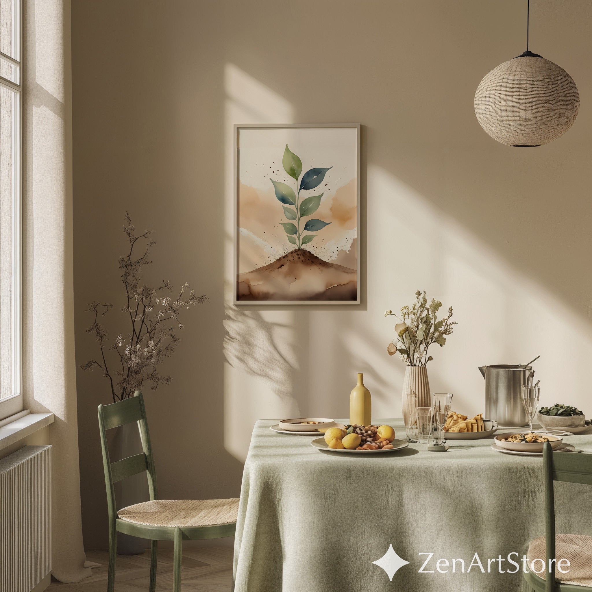 Botanical Sprout Watercolor Print - Minimal Neutral Plant Wall Art, Japandi Wabi Sabi Home Decor, Printable Green Leaf Illustration