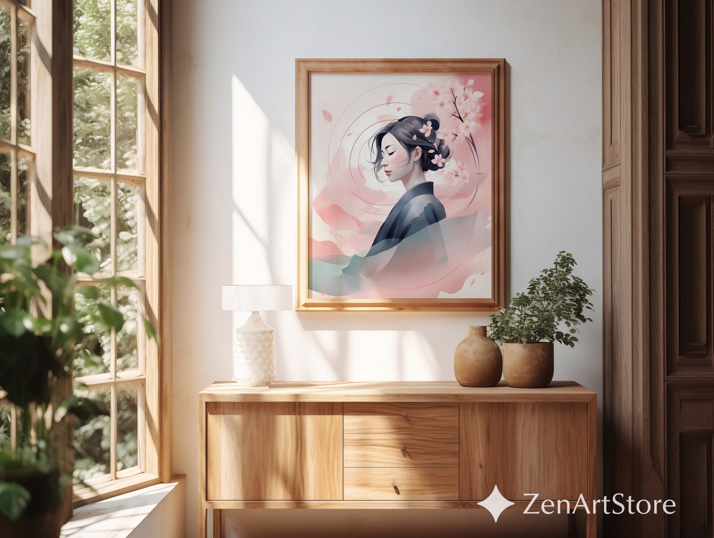 Serene Sakura Portrait Print - Japandi Minimal Cherry Blossom Wall Art, Zen Pastel Home Decor