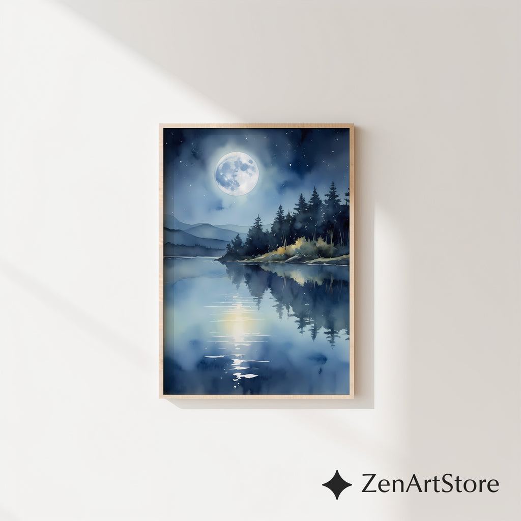 Moonlight Lake Wall Art - Serene Blue Night Landscape Print, Minimal Zen Moon Reflection for Bedroom Living Room Decor
