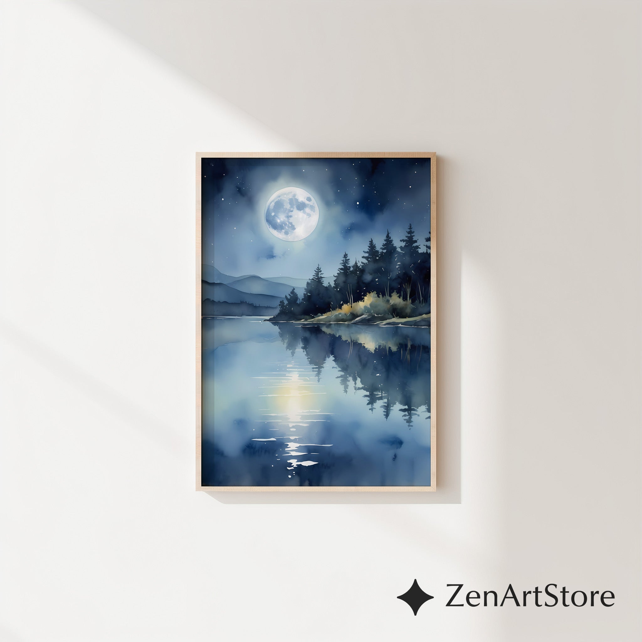Moonlight Lake Wall Art - Serene Blue Night Landscape Print, Minimal Zen Moon Reflection for Bedroom Living Room Decor