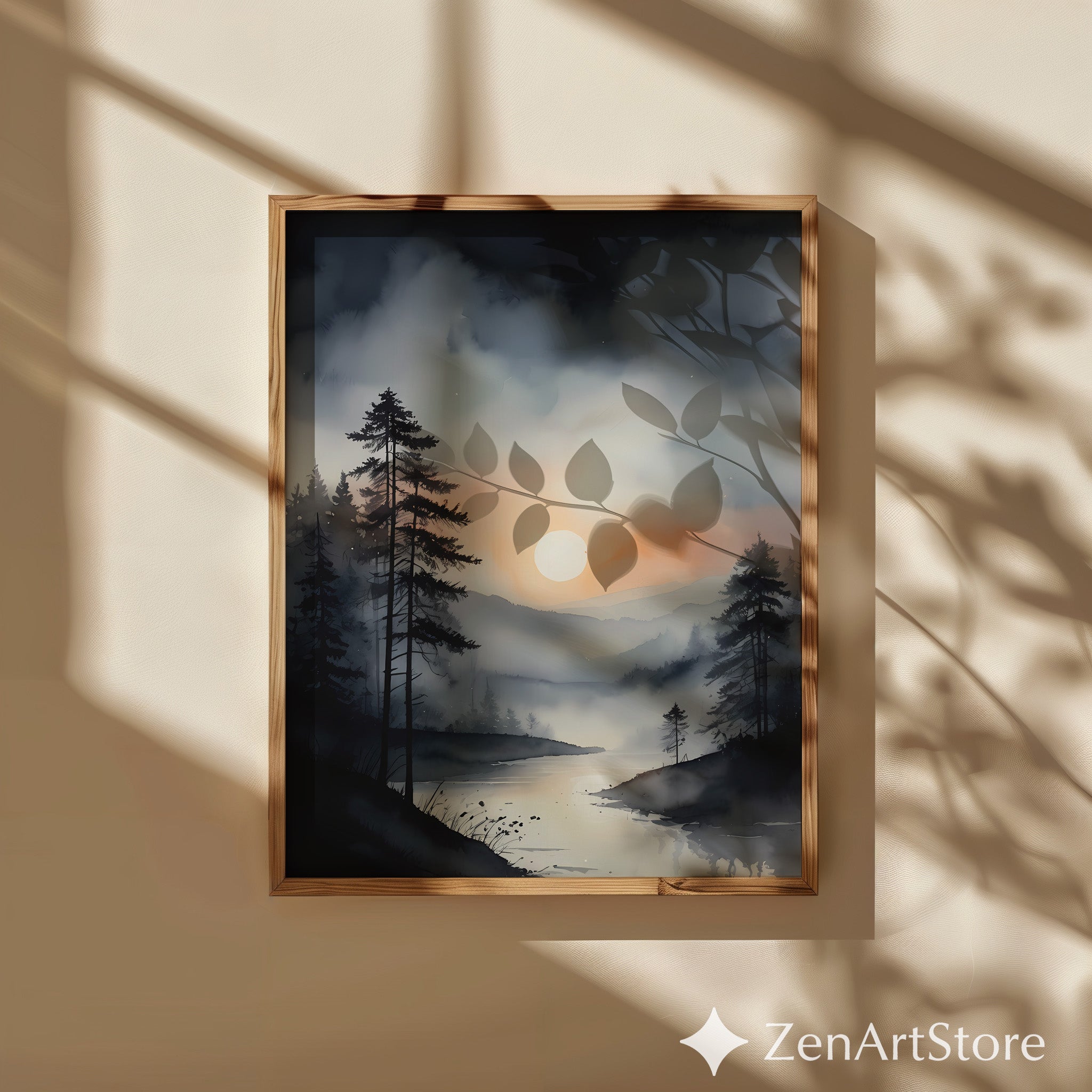 Misty Forest Sunrise Wall Art - Minimal Neutral Landscape Print, Japandi Wabi Sabi Lake Reflection for Living Room