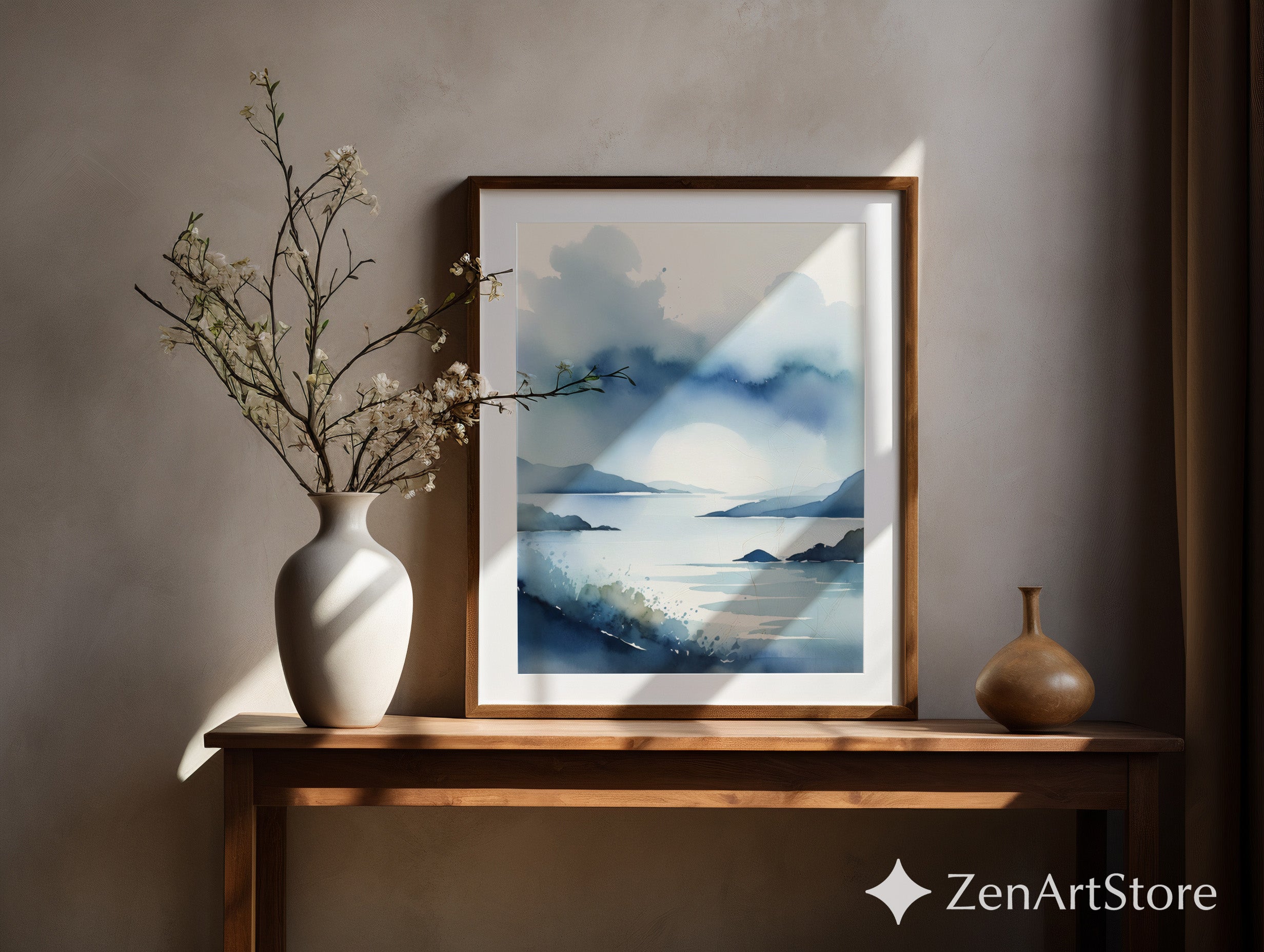 Serene Blue Coastal Watercolor Print – Minimal Seascape Wall Art for Bedroom, Living Room, Zen Japandi Home Decor