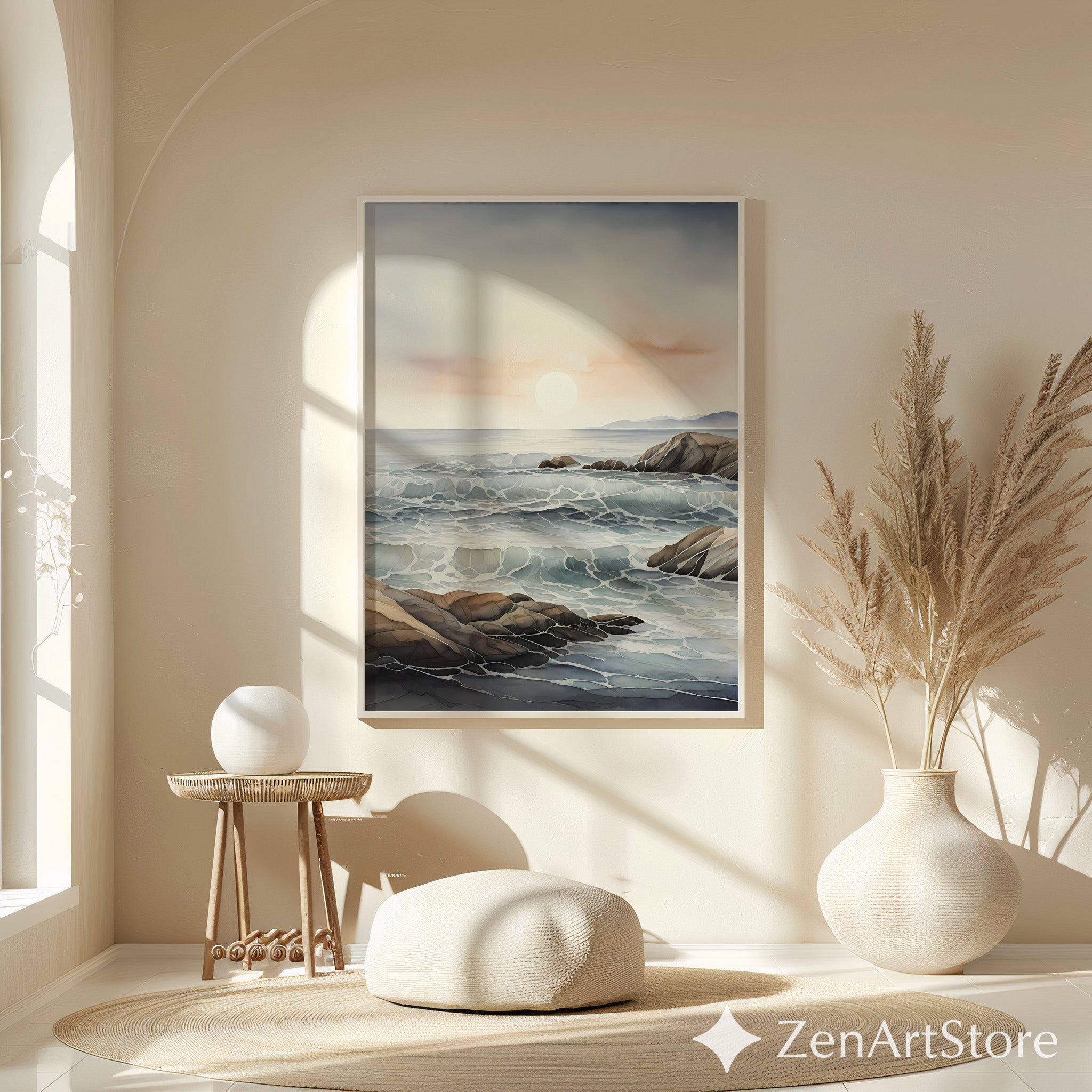 Minimal Coastal Seascape Print - Serene Ocean Waves & Rocky Shore | Neutral Beige Blue Japandi Wall Art for Calm Home Decor