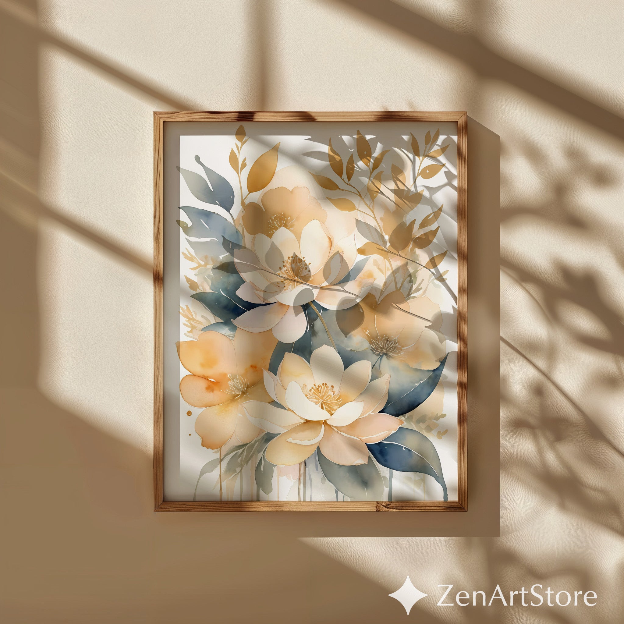 Neutral Watercolor Floral Print - Beige & Blue Botanical Wall Art, Japandi Wabi Sabi Home Decor