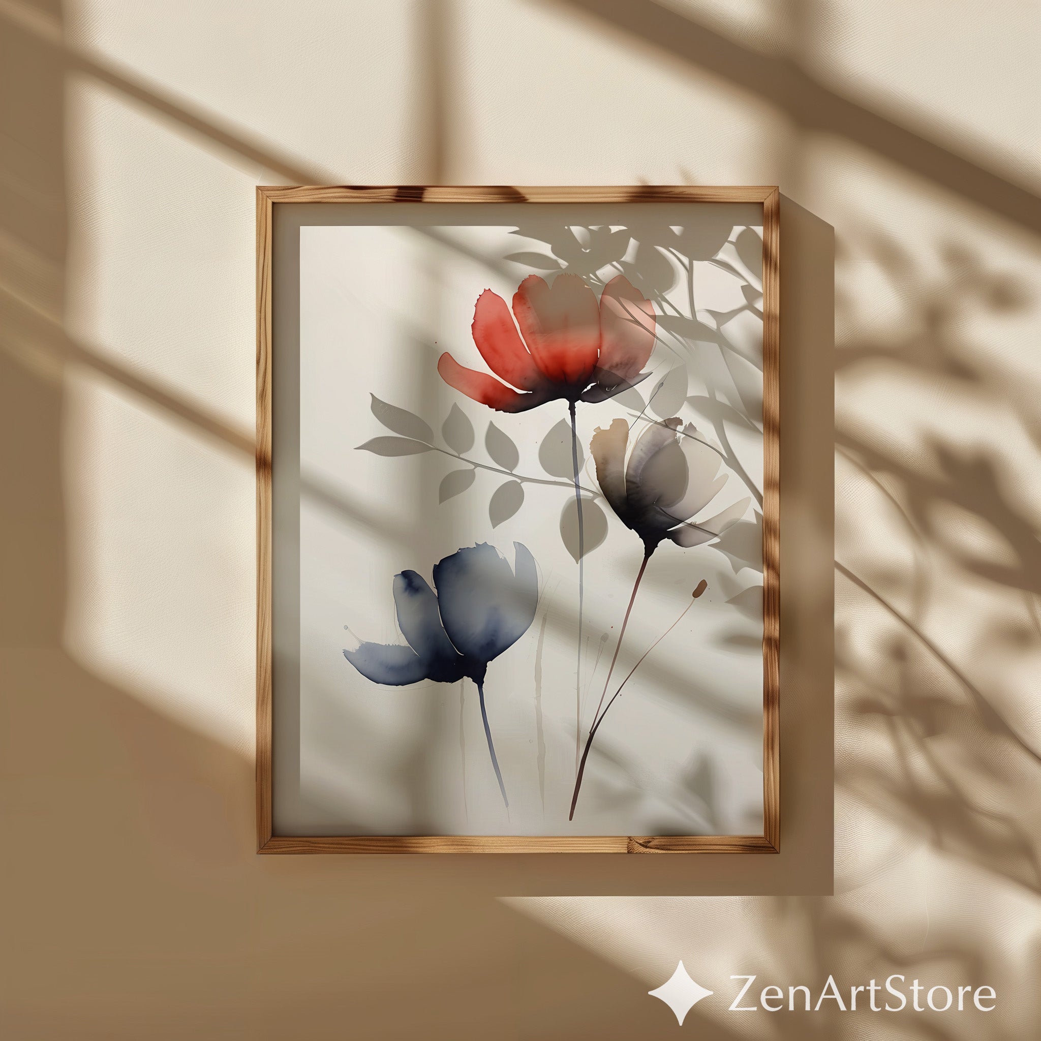 Minimal Watercolor Flower Print - Zen Botanical Wall Art, Neutral Floral Abstract for Japandi, Scandinavian & Modern Home Decor