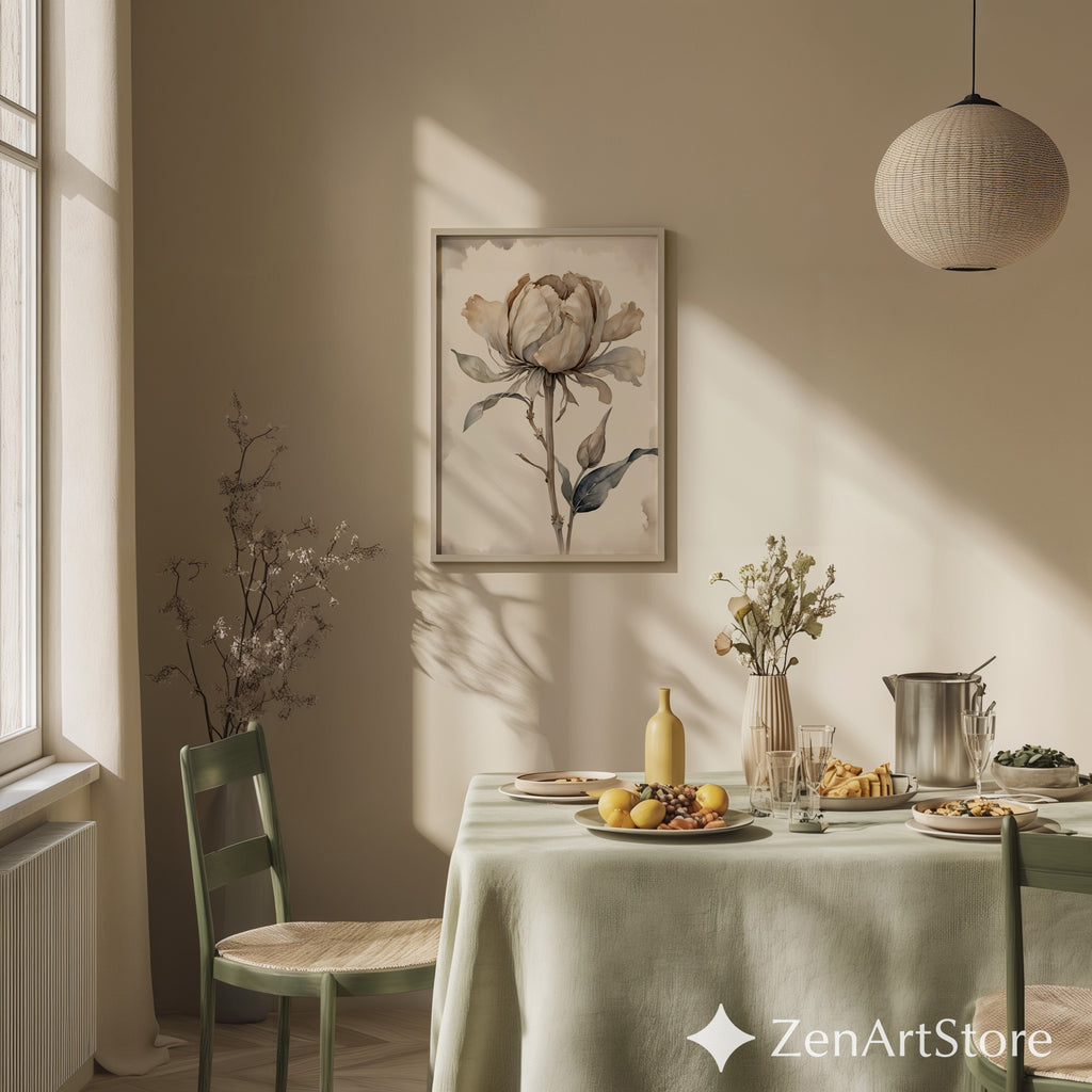 Neutral Peony Wall Art - Beige Botanical Watercolor Print, Japandi Minimal Flower Poster for Living Room & Bedroom