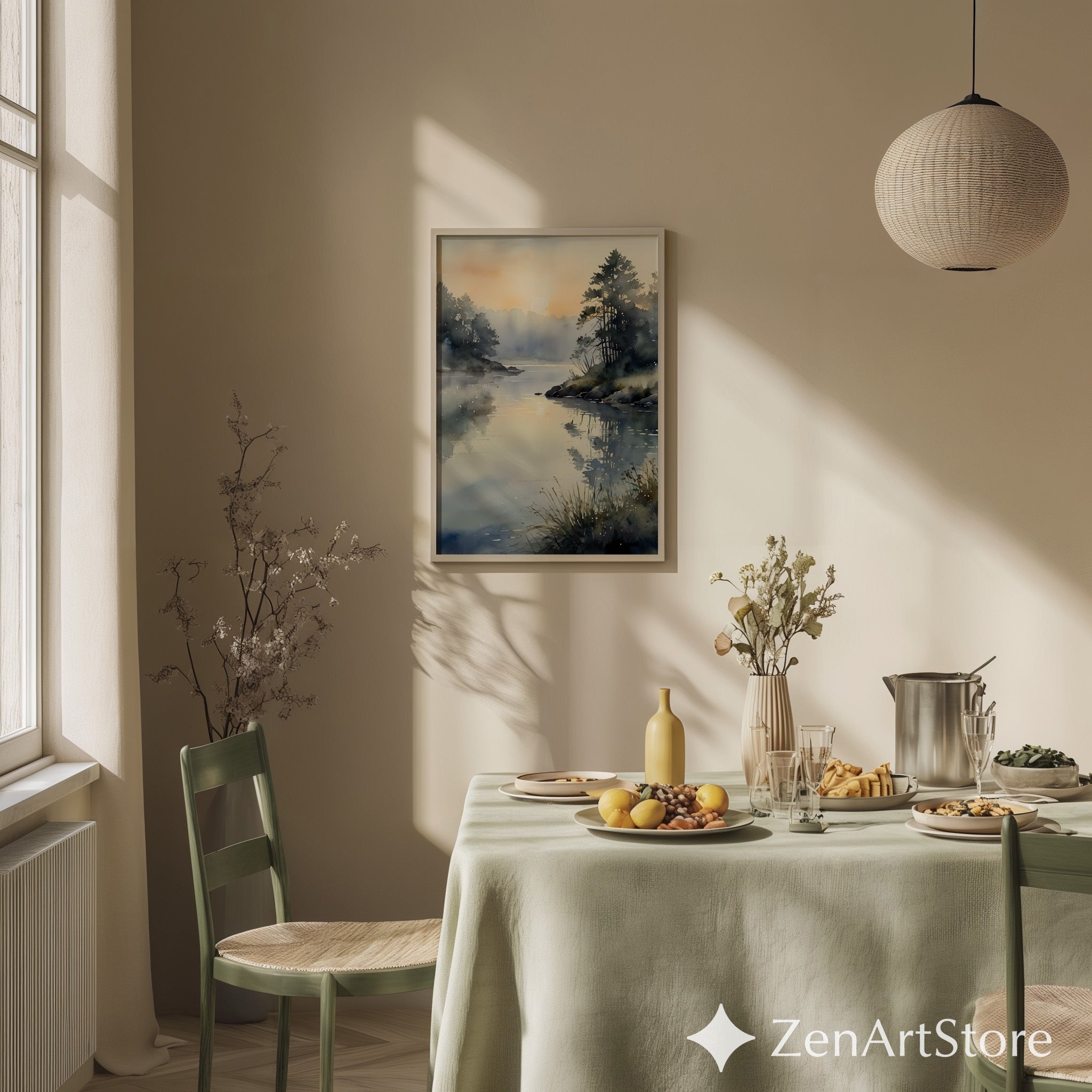 Misty Lake Sunrise Watercolor Print - Calm Neutral Landscape Wall Art for Living Room, Bedroom, Japandi Wabi Sabi Decor