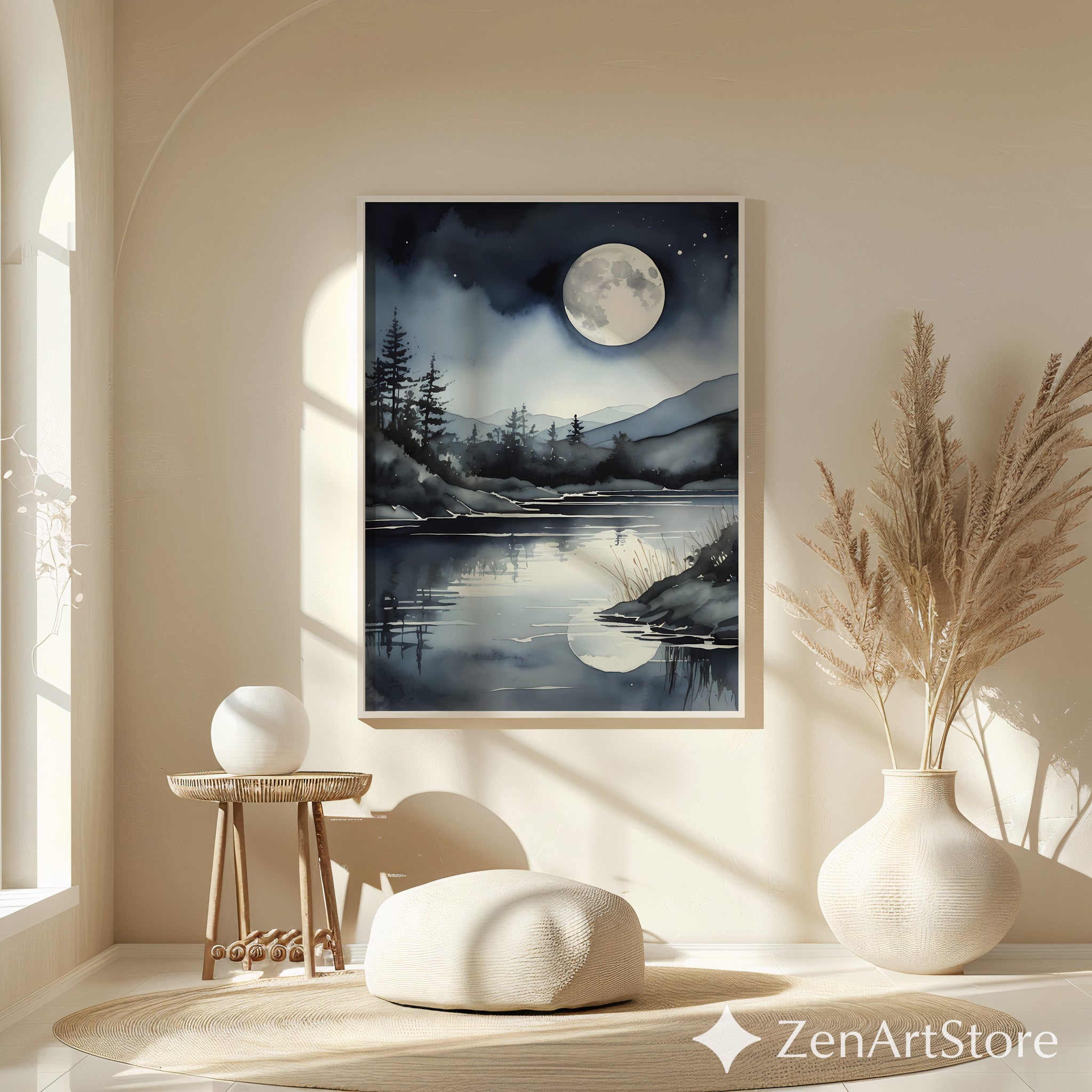 Moonlight Lake Watercolor Print - Night Sky Reflection Wall Art, Minimal Scandinavian Moon Landscape for Bedroom