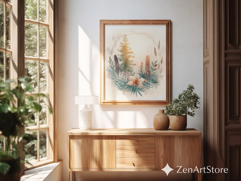 Neutral Botanical Watercolor Print with Gold Halo - Japandi Wabi Sabi Floral Wall Art