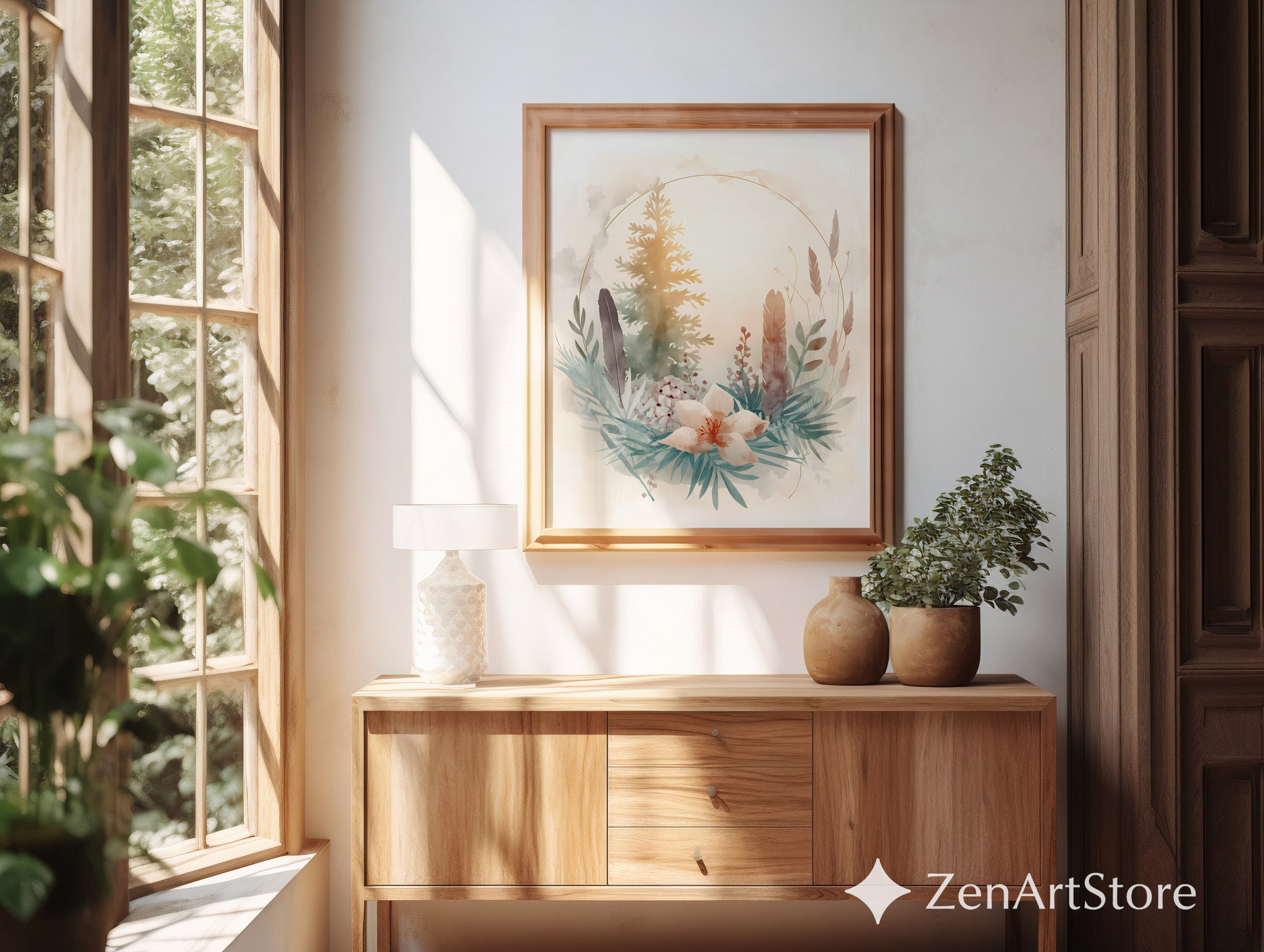 Neutral Botanical Watercolor Print with Gold Halo - Japandi Wabi Sabi Floral Wall Art