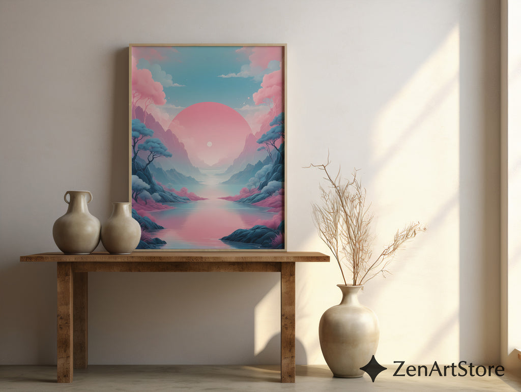 Pastel Sunrise Landscape Wall Art - Pink & Blue Minimal Zen Print for Living Room, Bedroom Japandi Home Decor