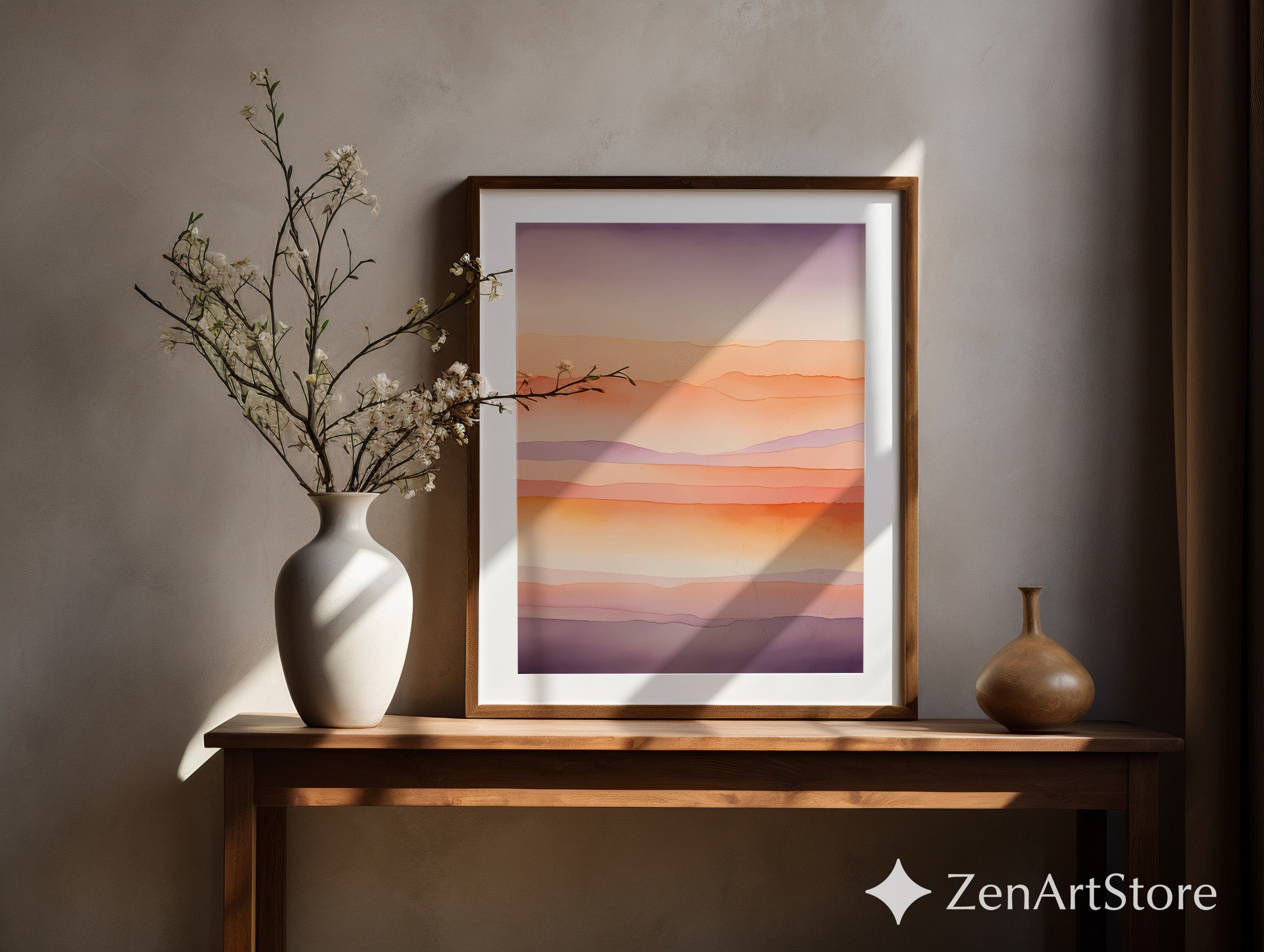 Sunset Layers Abstract Wall Art - Minimal Watercolor Landscape Print in Peach Blush Lavender - Modern Japandi Boho Home Decor