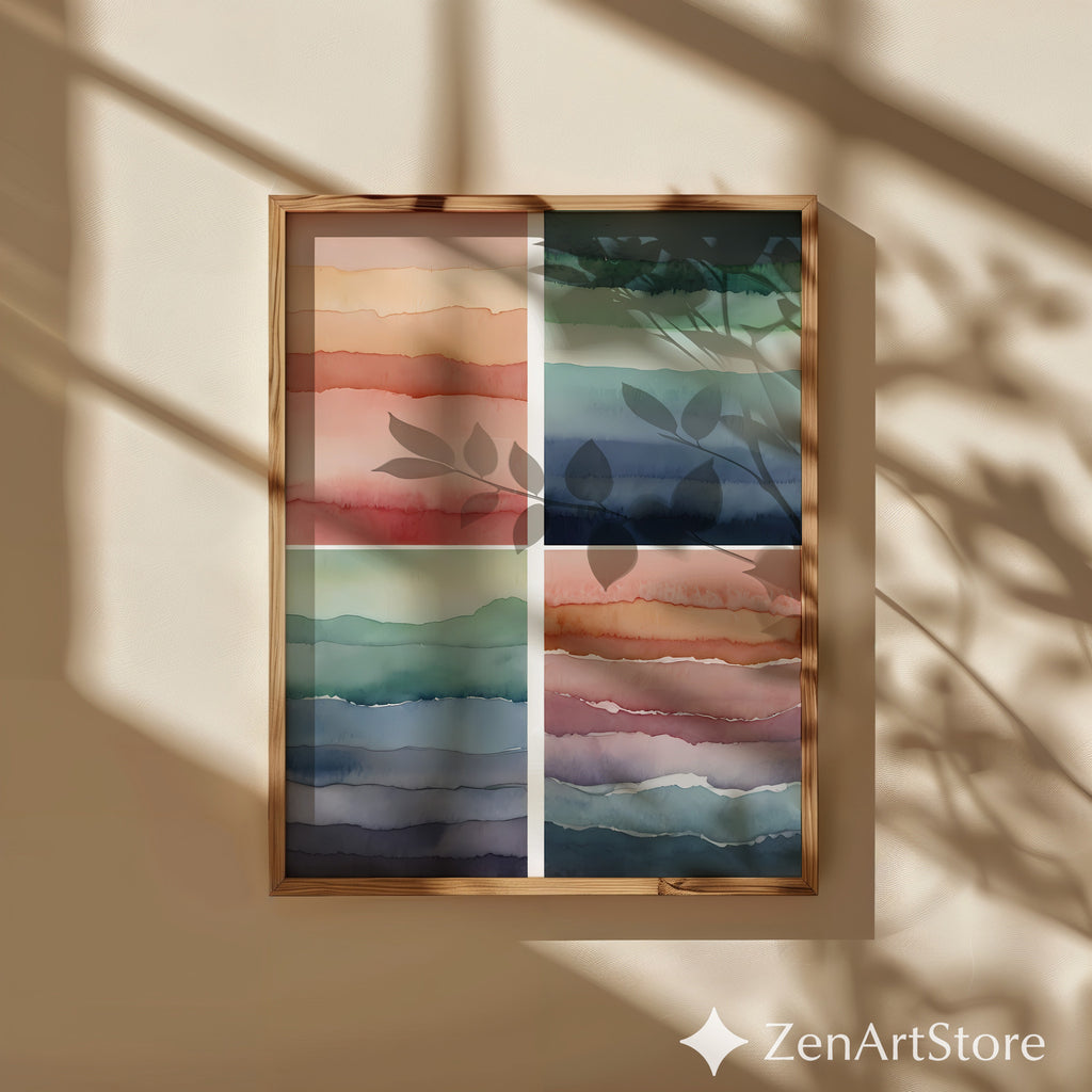 Abstract Watercolor Wall Art Set of 4 – Minimal Layered Landscapes, Neutral Japandi Boho Prints for Living Room & Bedroom, Printable Digital Download