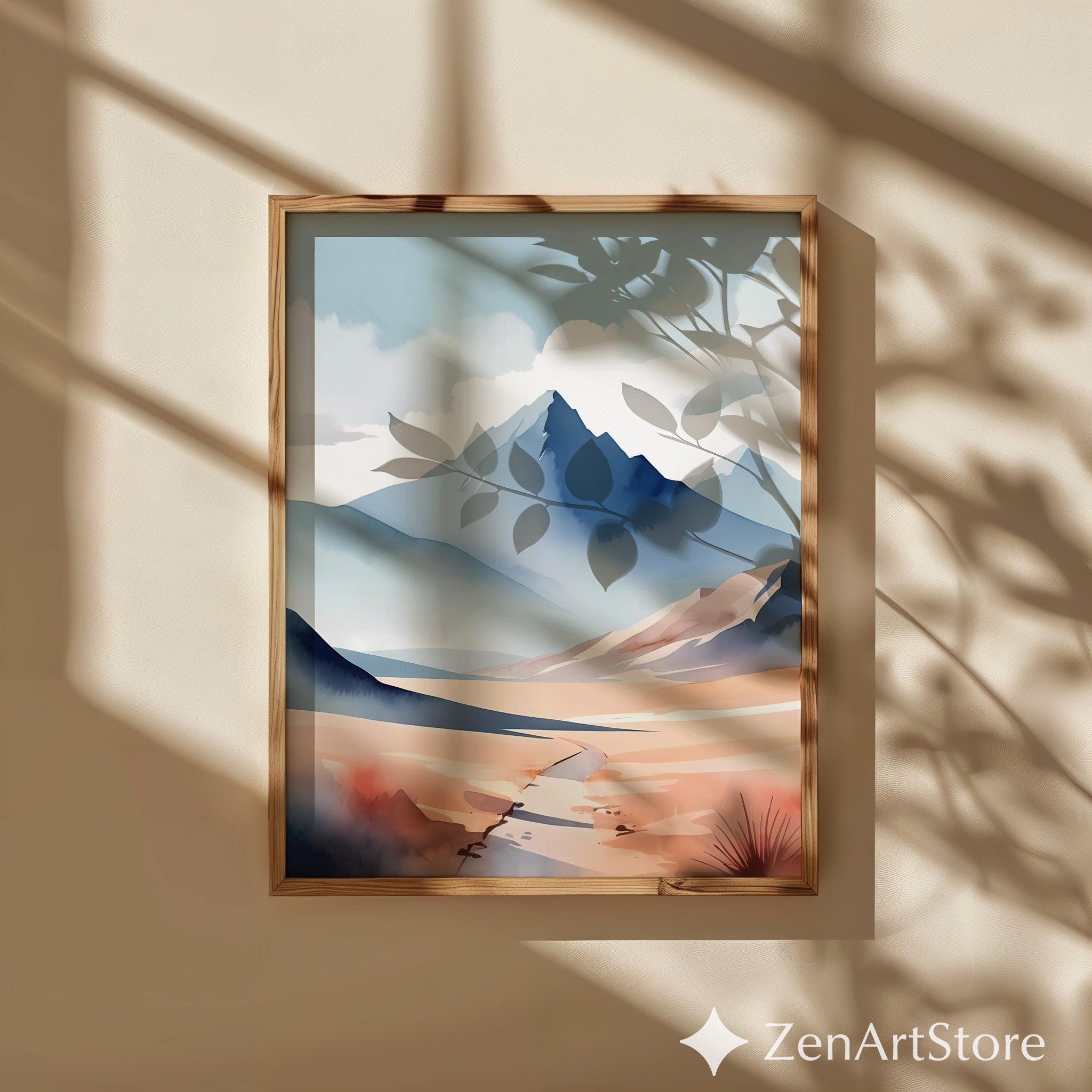 Blue Mountain Watercolor Print - Minimal Japandi Landscape Wall Art, Neutral Modern Home Decor Printable