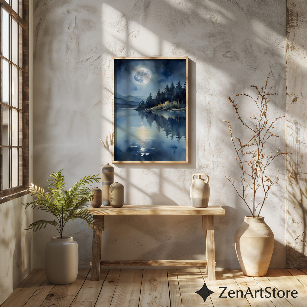 Moonlight Lake Wall Art - Serene Blue Night Landscape Print, Minimal Zen Moon Reflection for Bedroom Living Room Decor