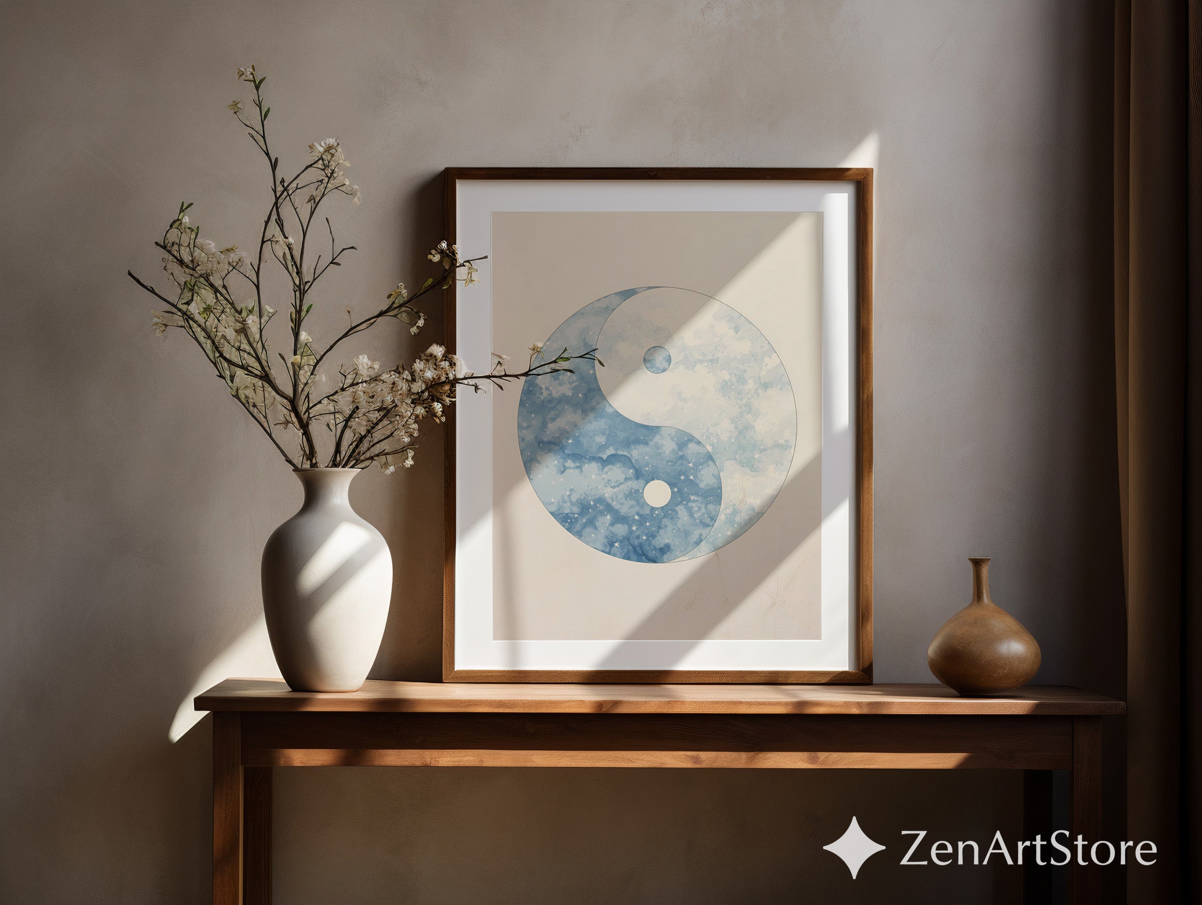 Blue Yin Yang Watercolor Print – Minimal Celestial Wall Art, Zen Japandi Neutral Home Decor