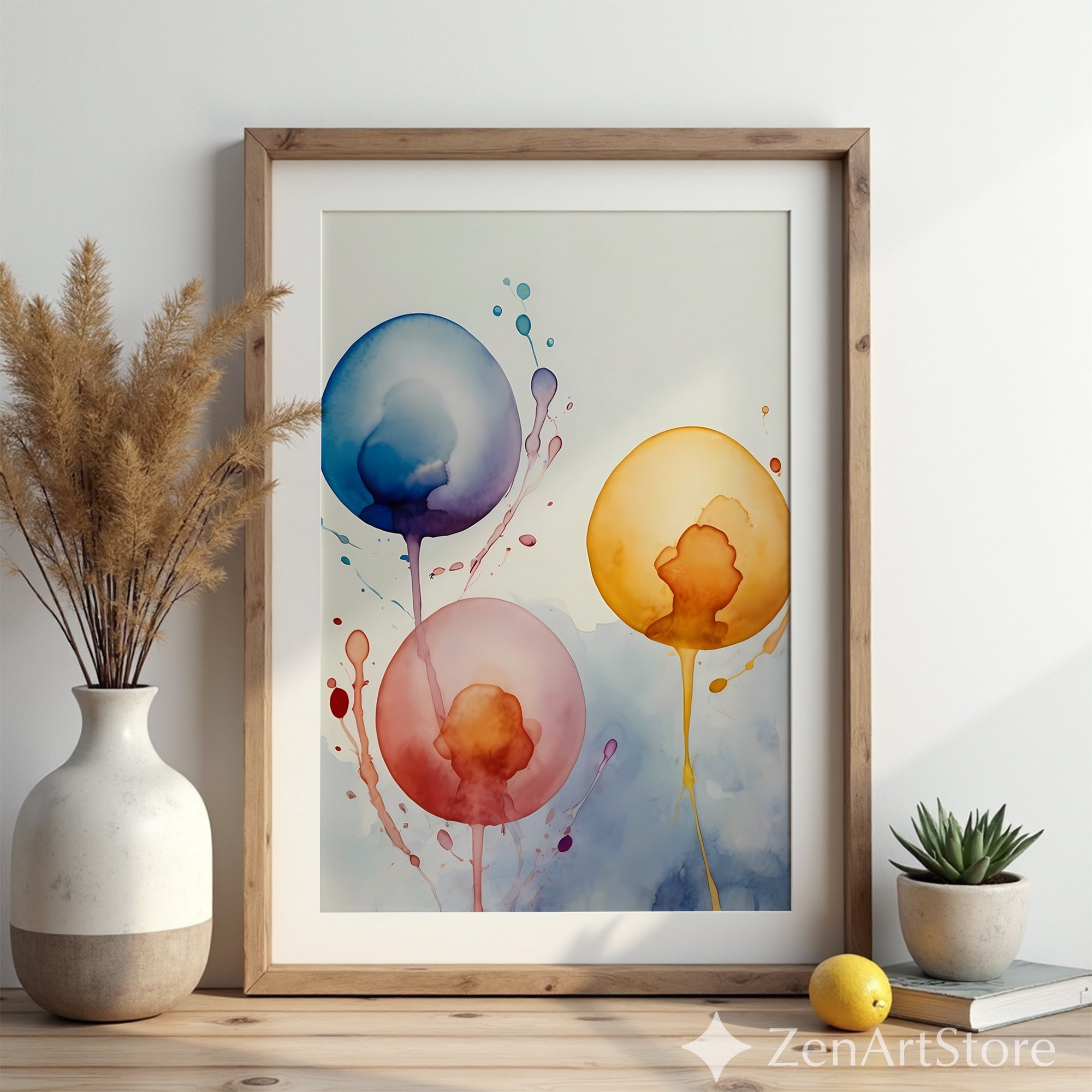 Abstract Watercolor Balloons Print - Minimal Modern Wall Art for Living Room, Nursery, Japandi Boho Decor