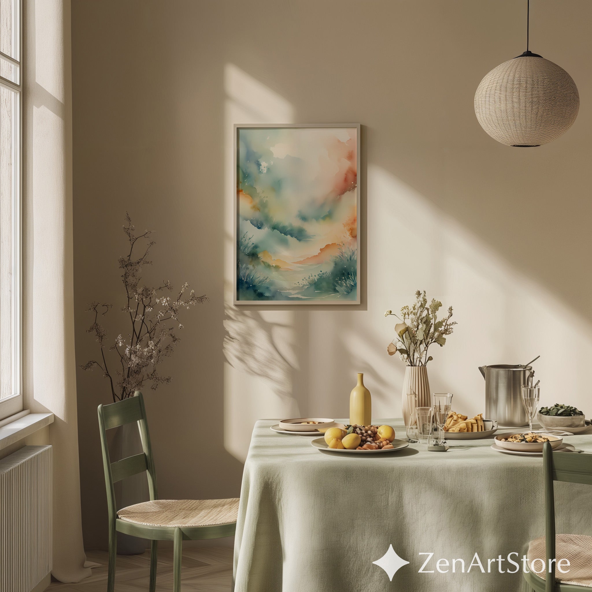 Soft Pastel Watercolor Landscape Print - Misty Valley Abstract Wall Art for Living Room, Nursery, Japandi Scandi Home Decor