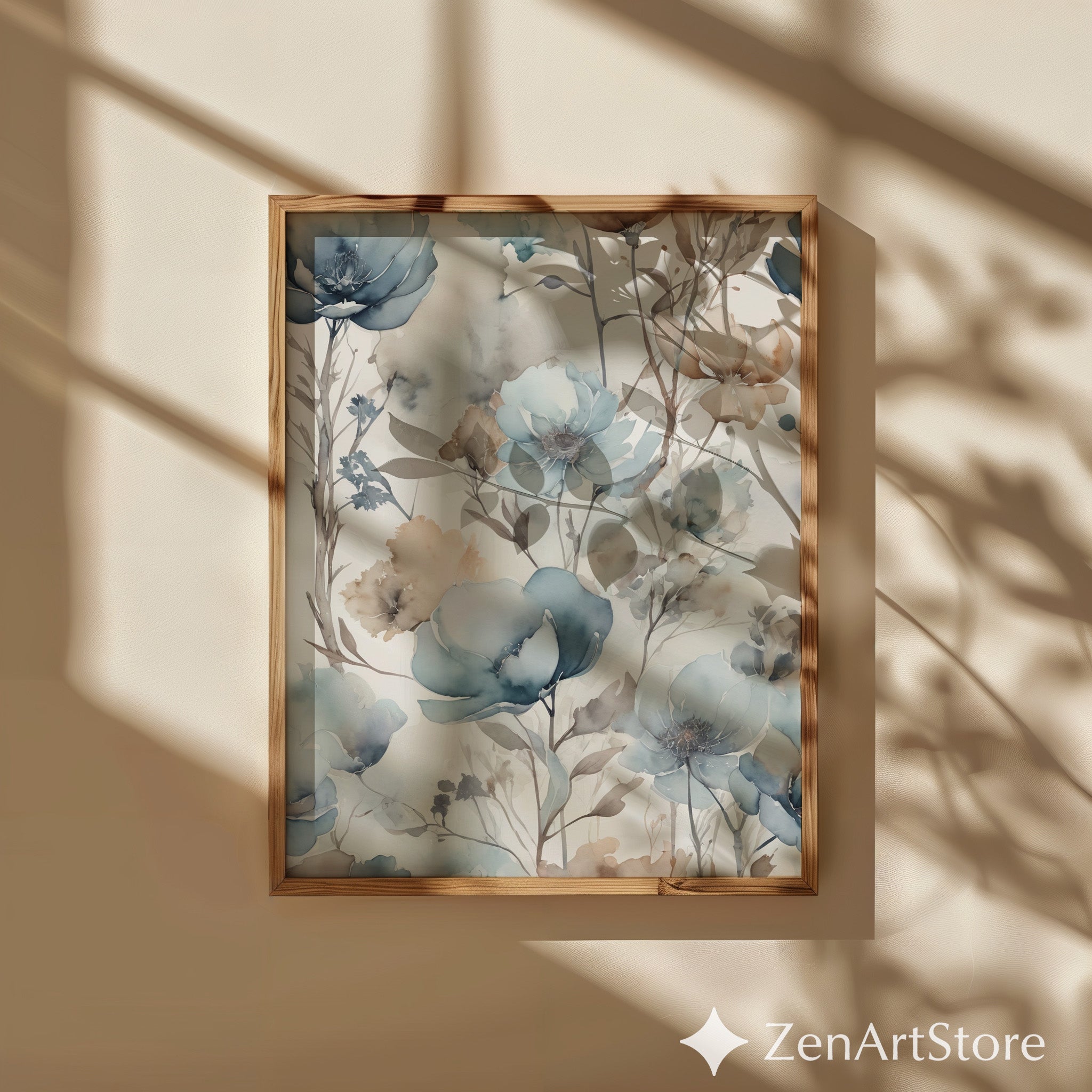 Soft Blue Watercolor Floral Wallpaper Mural - Neutral Botanical Wall Art, Modern Japandi Beige & Blue Floral Print