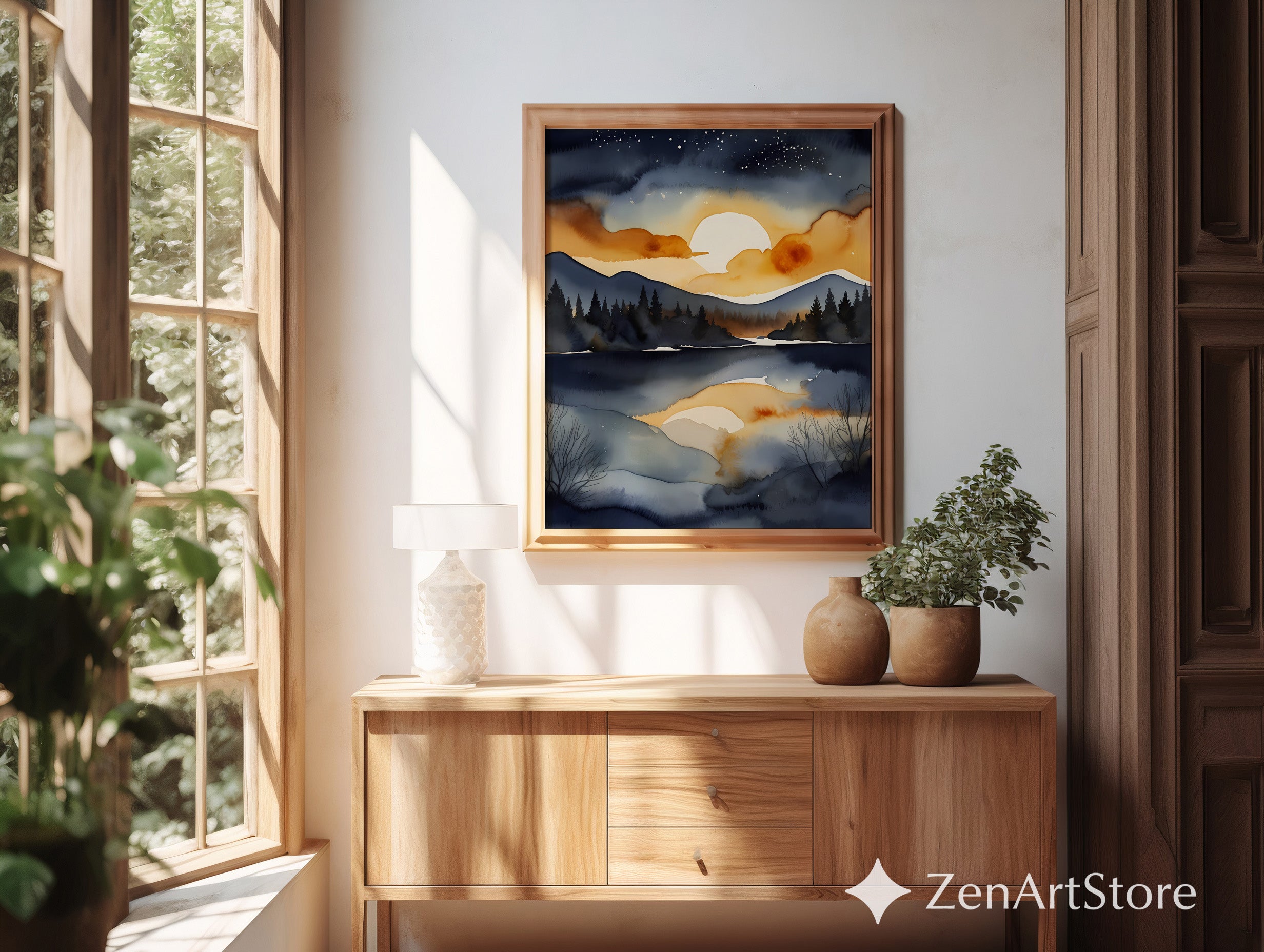 Serene Sunset Lake Watercolor Print - Moody Navy and Gold Mountain Landscape Wall Art