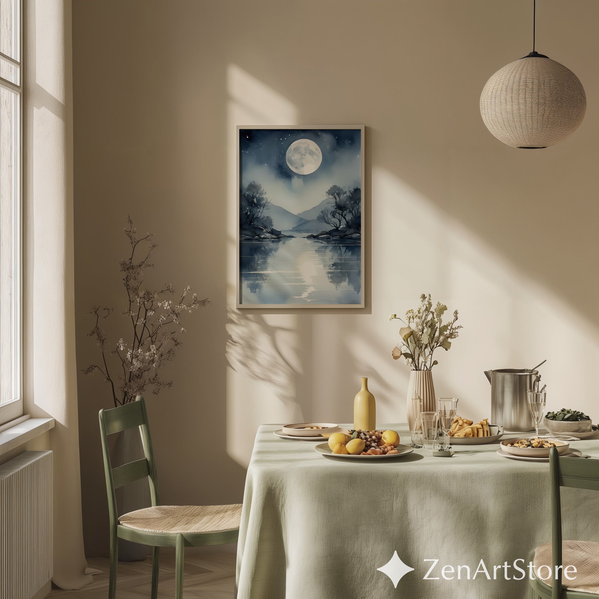 Moonlight Lake Watercolor Print - Serene Blue Moon Reflection Wall Art for Bedroom, Living Room, Japandi Minimal Decor