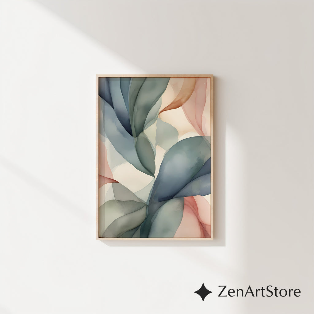 Abstract Botanical Leaf Wall Art - Neutral Japandi Minimalist Pastel Print for Living Room Bedroom Nursery