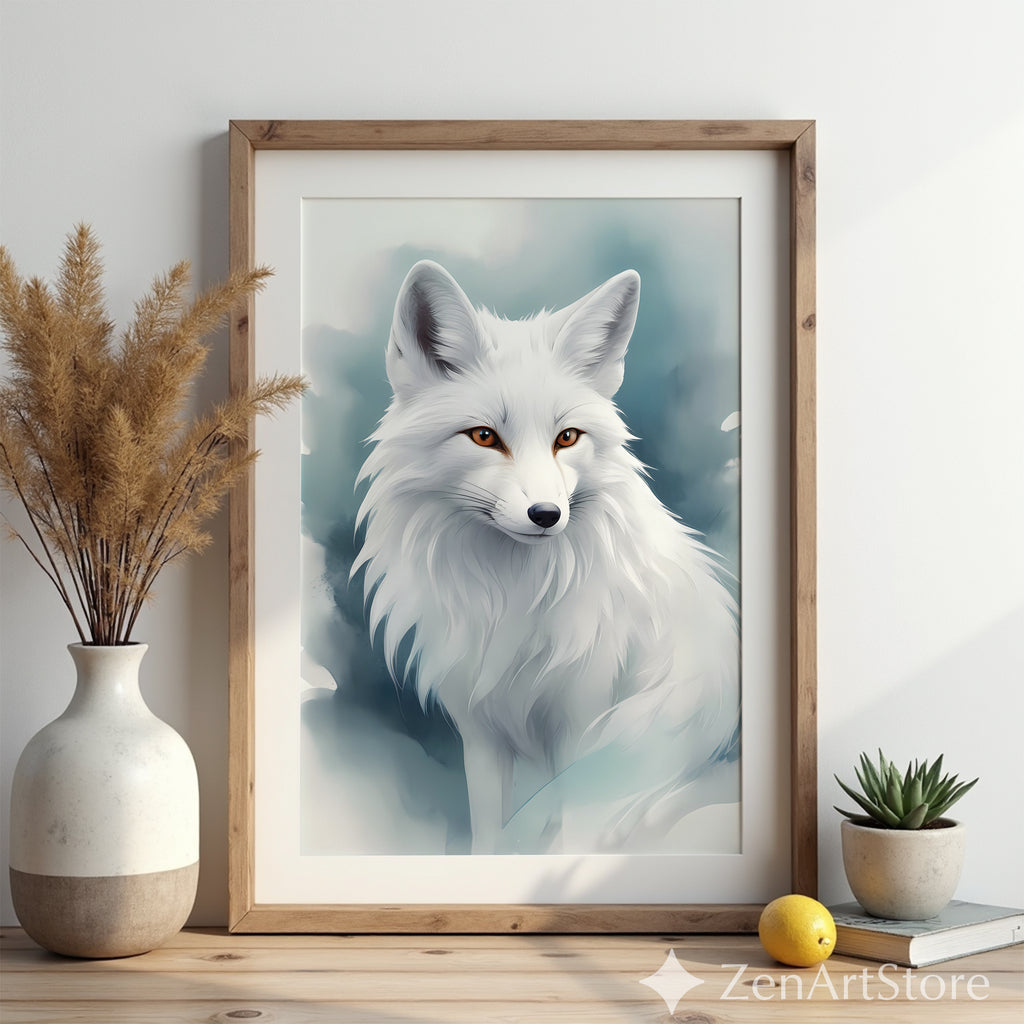 White Arctic Fox Wall Art - Minimal Scandinavian Japandi Fox Print, Neutral Modern Animal Portrait, Printable Digital Download for Home Decor