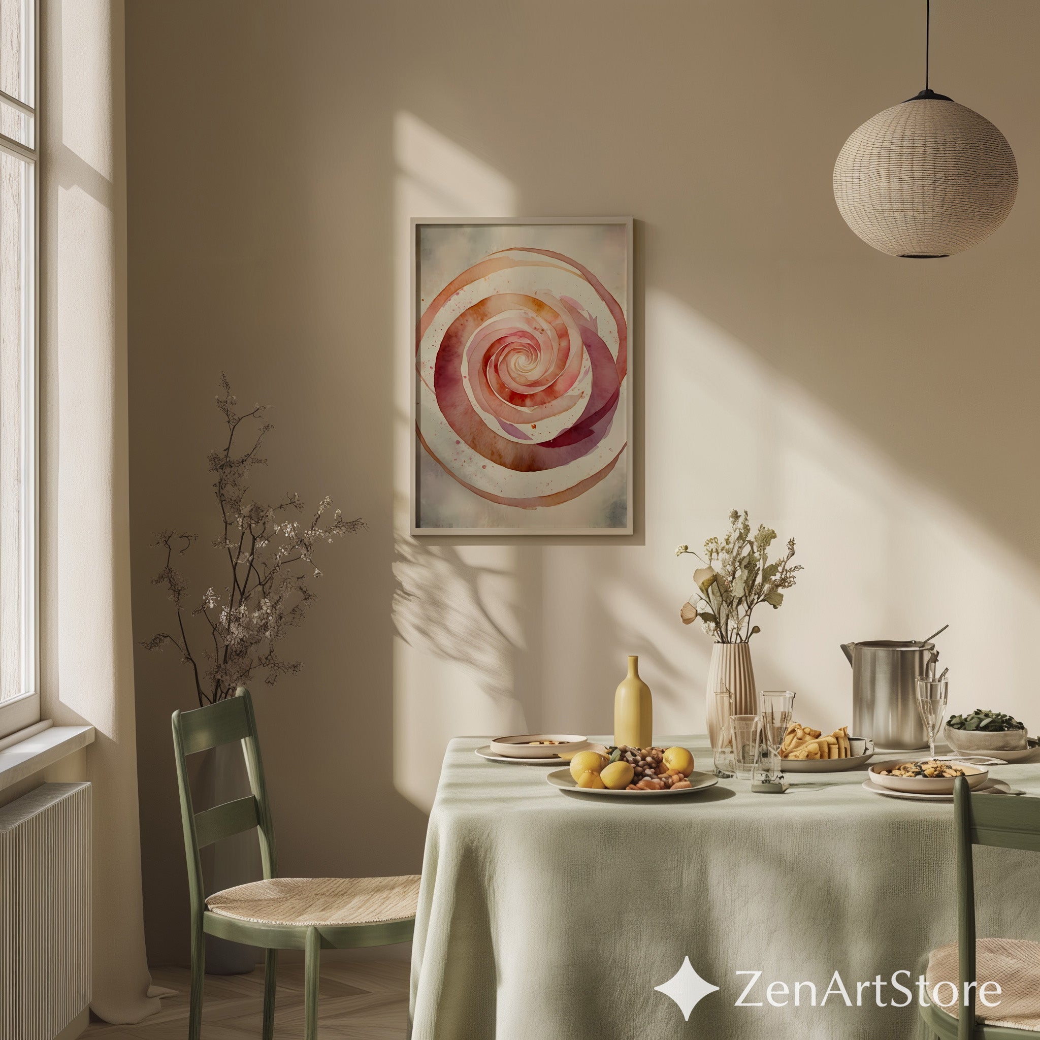 Spiral Rose Watercolor Print - Neutral Pink Beige Abstract Wall Art, Minimal Japandi Wabi Sabi Home Decor