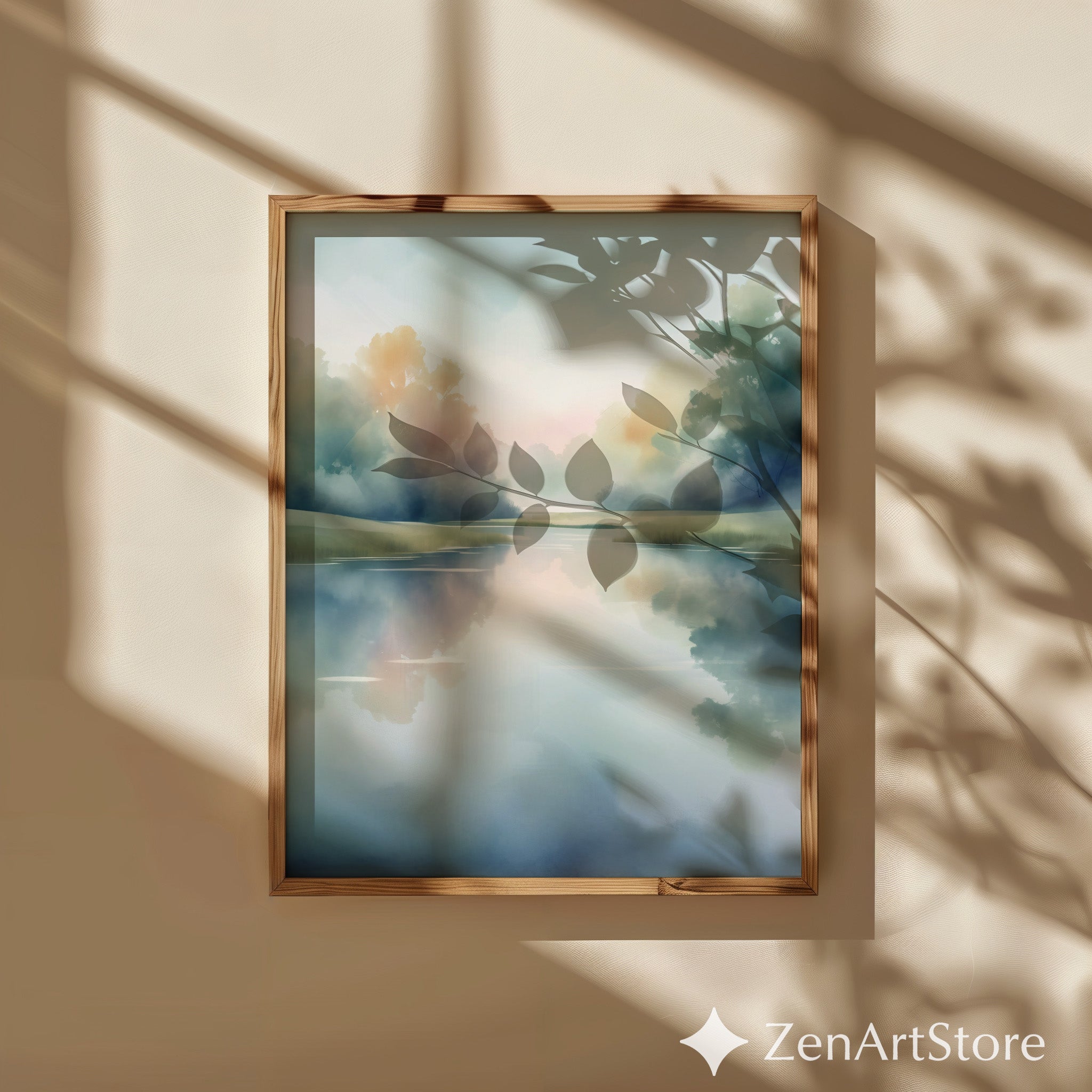 Misty Lake Watercolor Print – Serene Pastel Landscape Wall Art for Zen, Japandi & Scandinavian Home Decor