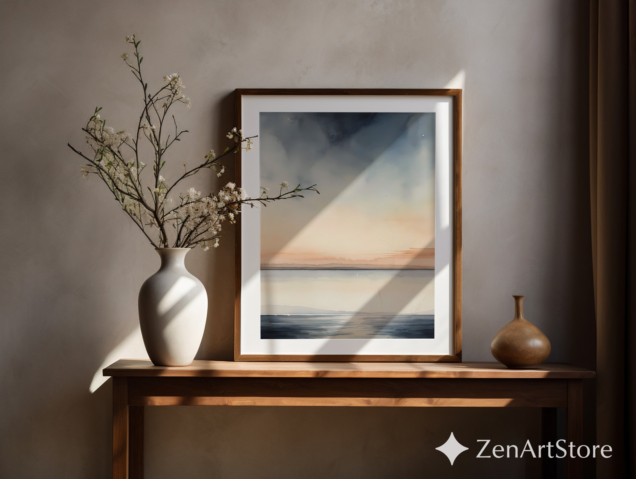 Calm Horizon Watercolor Seascape Print - Minimal Neutral Landscape Wall Art for Living Room, Bedroom, Japandi Decor