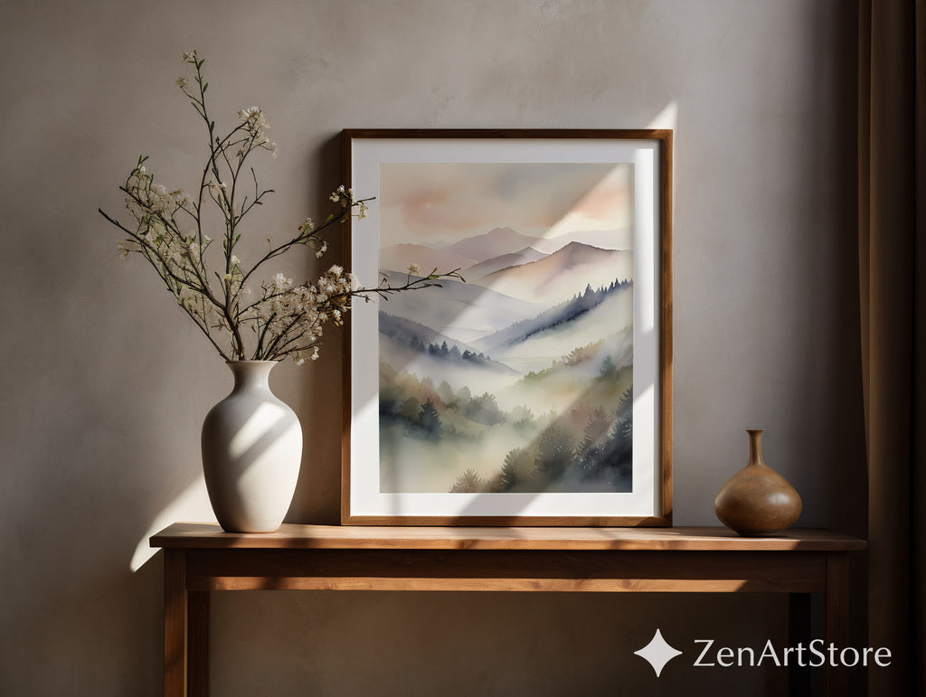 Misty Mountain Watercolor Print – Neutral Minimal Landscape Wall Art for Japandi, Scandinavian & Boho Homes