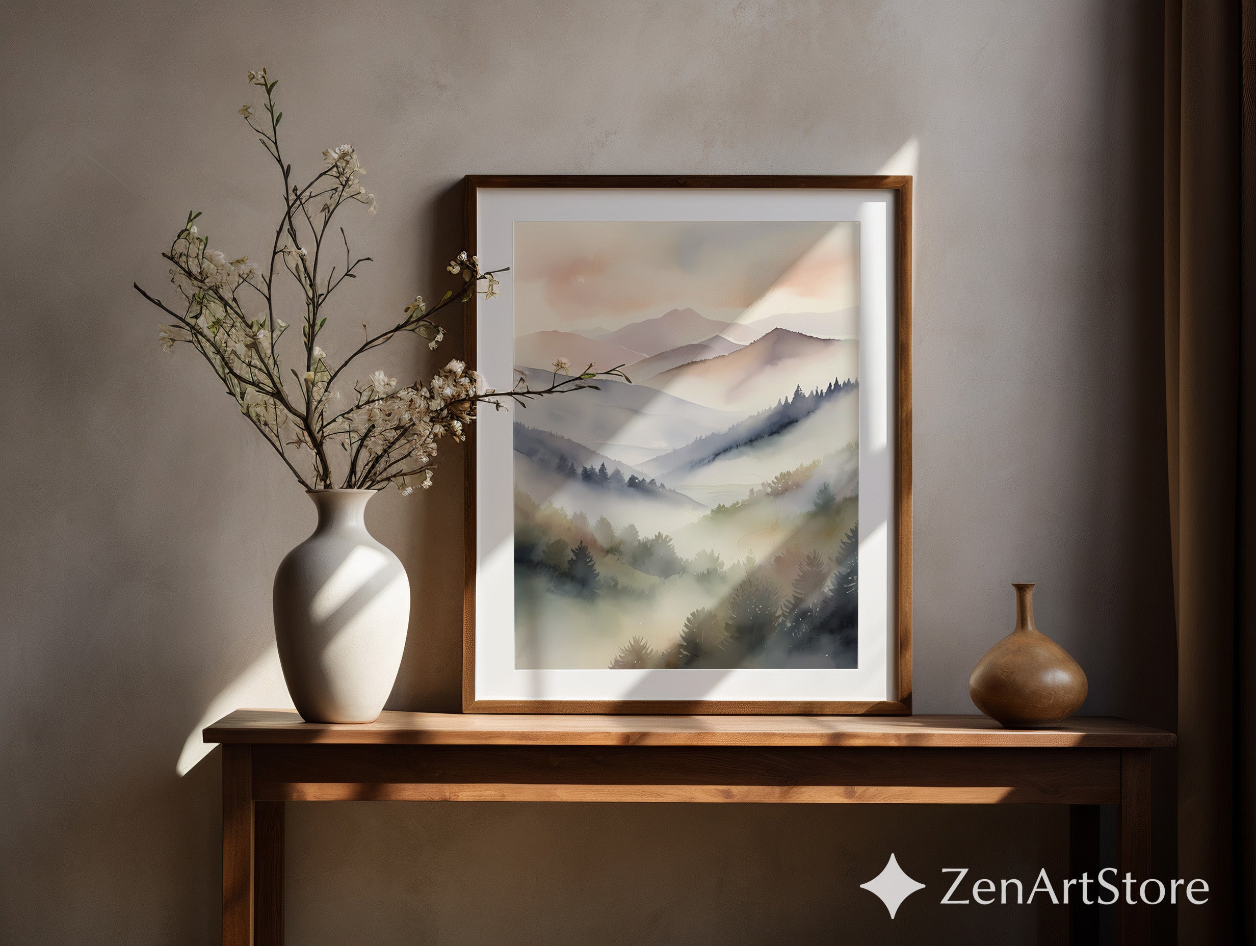Misty Mountain Watercolor Print – Neutral Minimal Landscape Wall Art for Japandi, Scandinavian & Boho Homes
