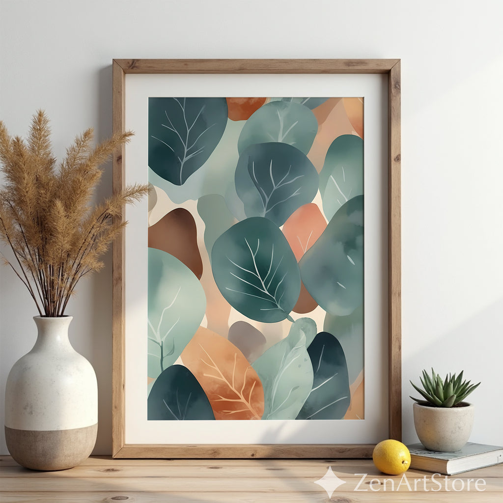 Abstract Botanical Leaf Art Print Teal & Terracotta Minimal Japandi Scandinavian Wall Decor