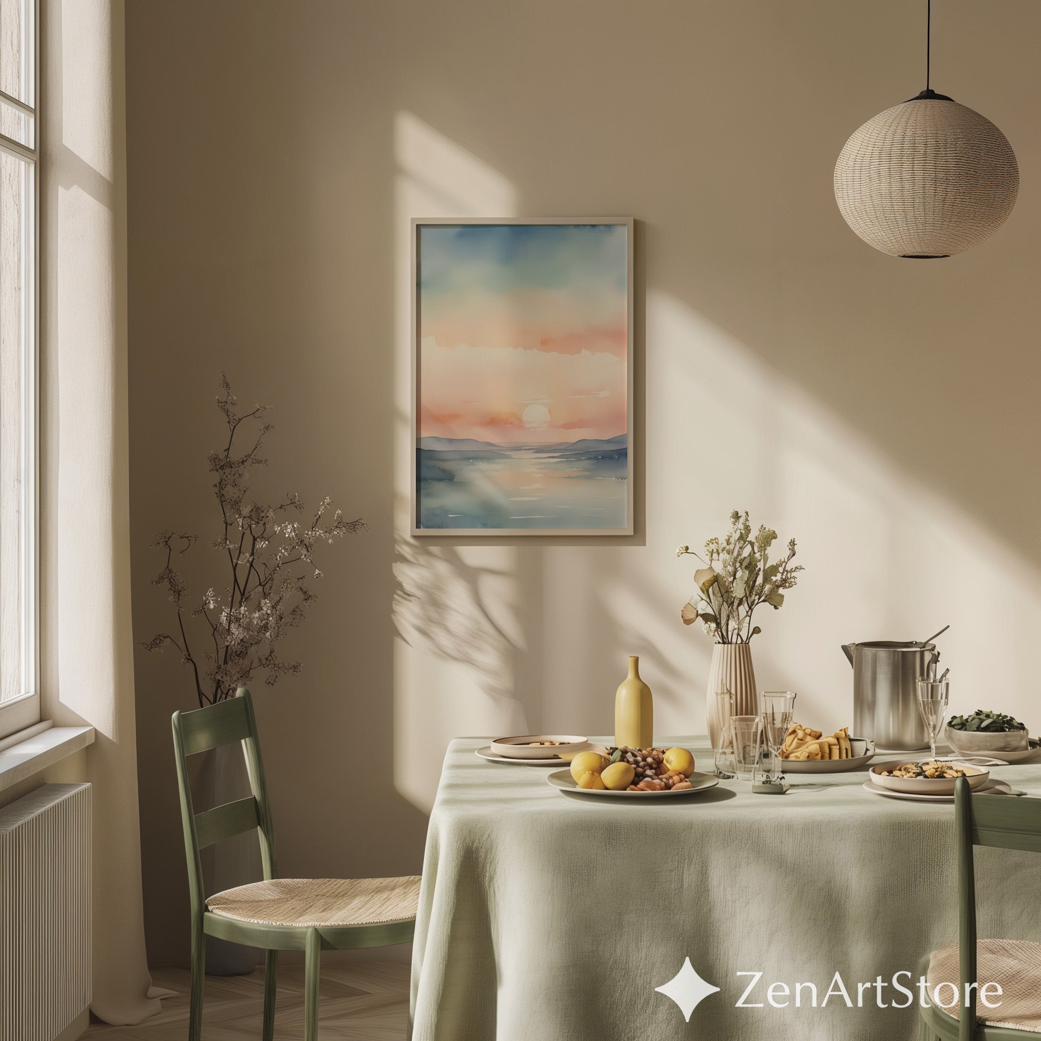 Pastel Watercolor Sunset Landscape Print - Calm Minimal Wall Art for Living Room, Bedroom, Nursery, Japandi Scandinavian Neutral Decor