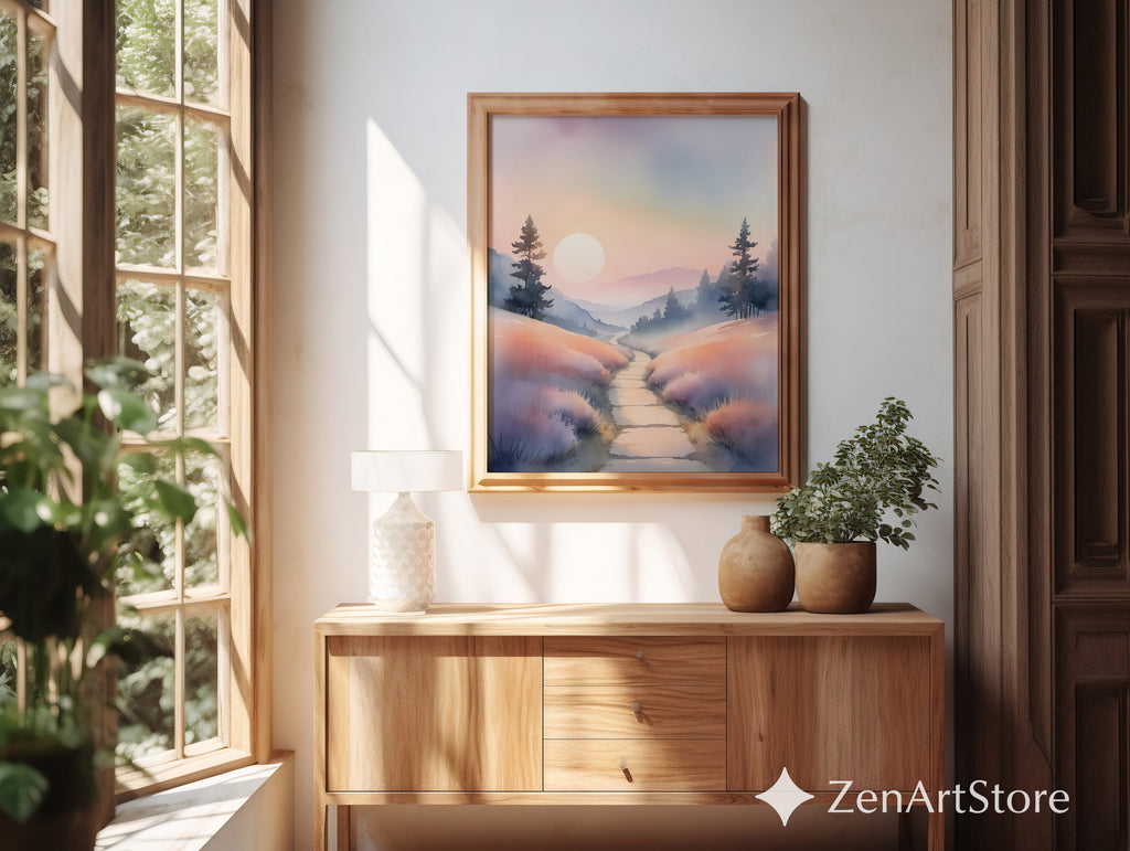 Misty Pastel Sunrise Landscape Print — Serene Pathway Wall Art for Zen, Japandi & Minimal Home Decor