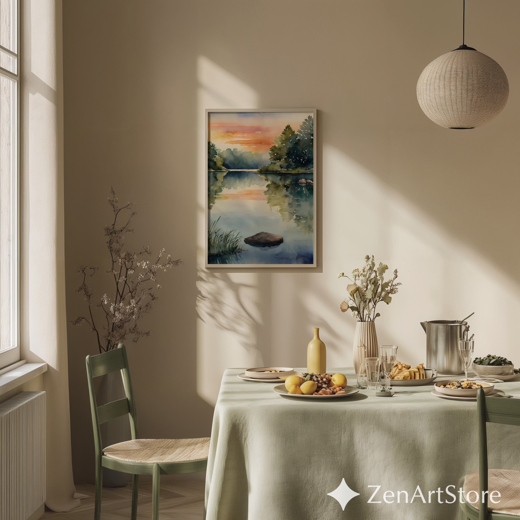 Serene Watercolor Lake Print - Minimal Landscape Wall Art for Japandi & Scandinavian Home Decor