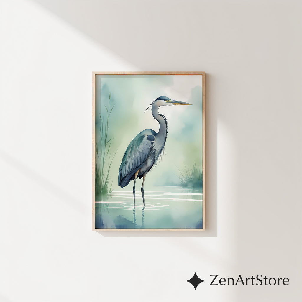 Tranquil Heron Wall Art - Minimal Blue Heron Print, Zen Coastal Nursery Decor, Japandi Nature Wall Decor