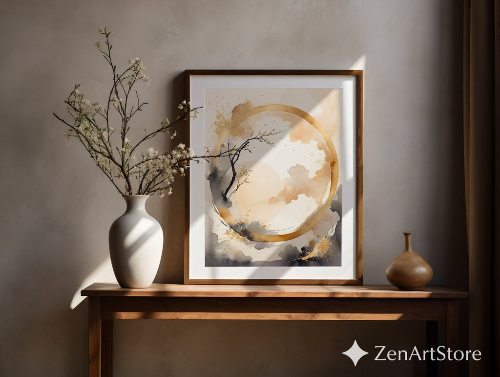 Abstract Zen Gold Circle Wall Art - Minimal Japandi Neutral Print Beige Black Botanical Landscape